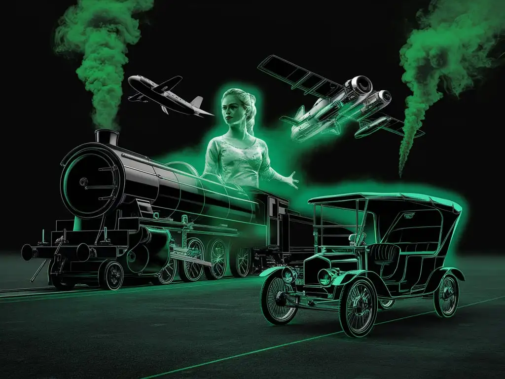 Simplified artwork depicting a woman coming from a distant histporoia and a steam locomotive and an airplane and a space station and the world's historic first car from 1855 front view in green color and green smoke fog in double exposure style, minimalistic painting, neon and green mist ink, smoke ink style, straight black artwork, stream outline, dark background, high contrast --ar 16:9 --style raw --stylize 150