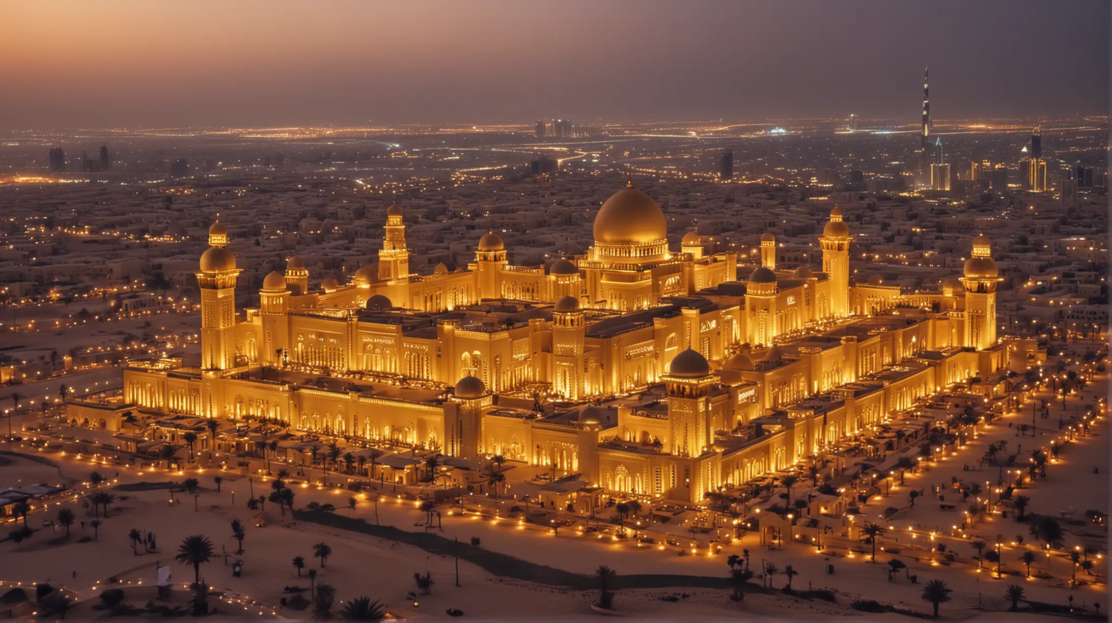 Opulent Golden Palace in Dubais Skyline at Sunset