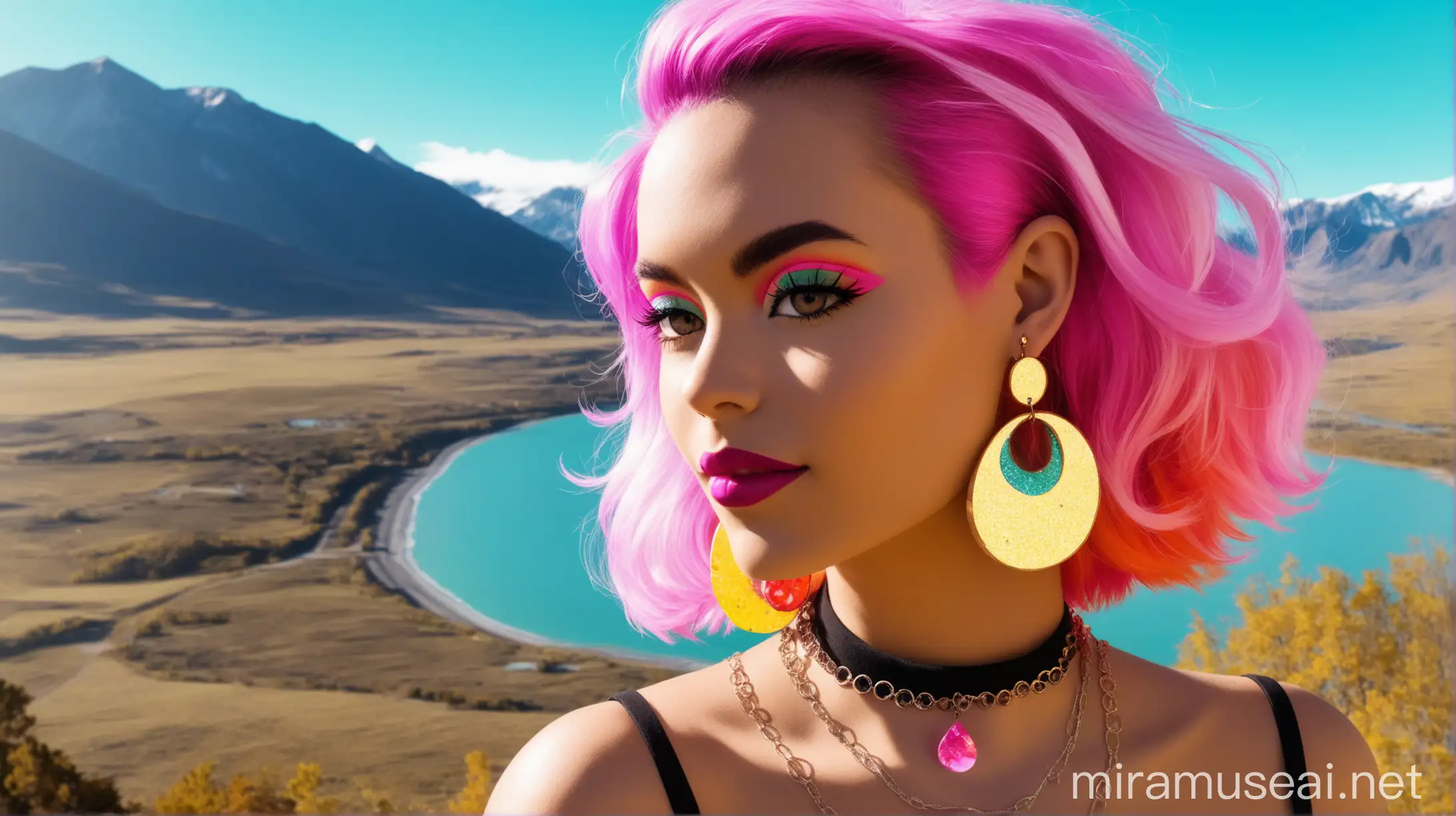 image of a funky lady wearing a resin earring and necklace, with a scenic background, make it more pop styled