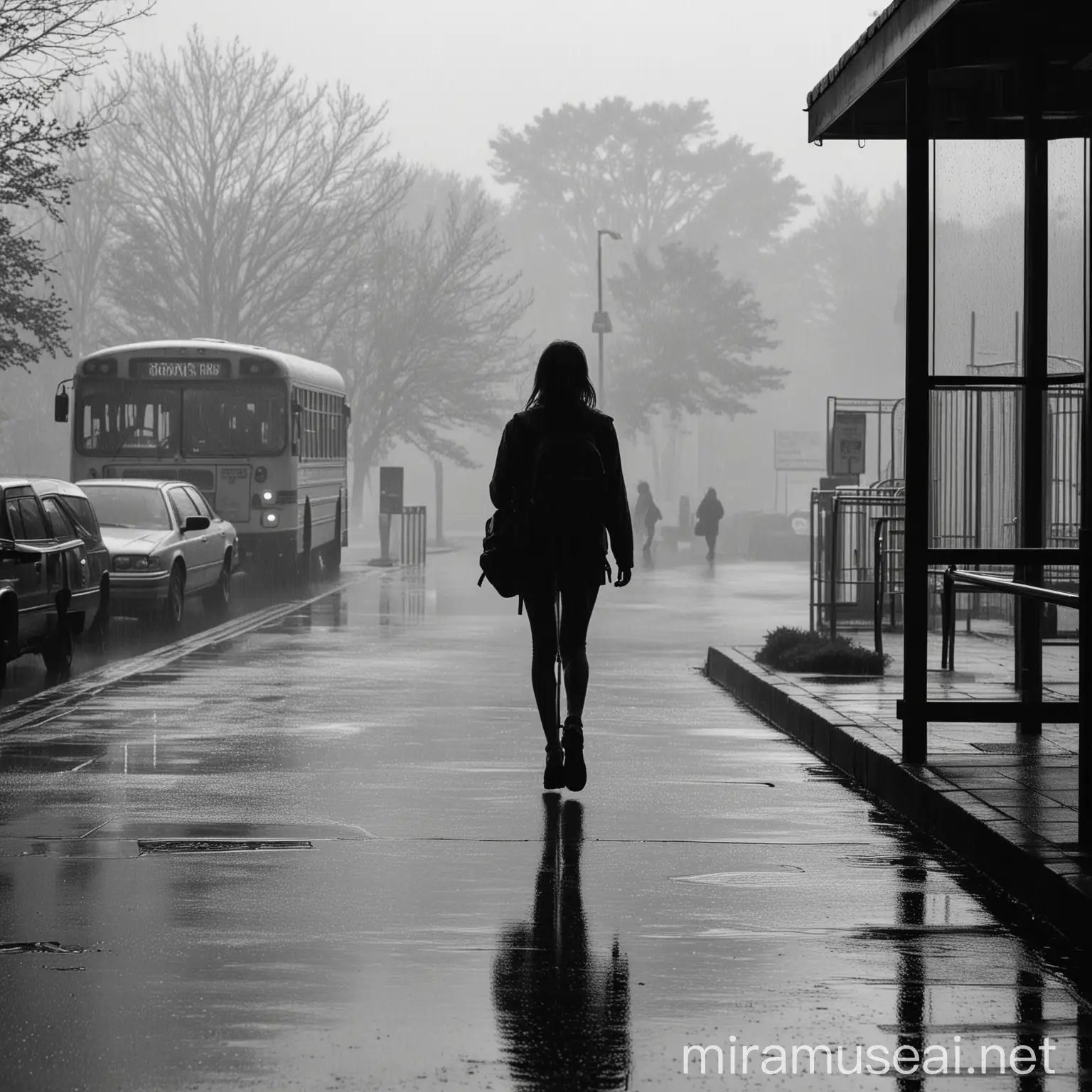 imagen de una silueta de una niña saliendo de su colegio caminando hacia una parada de bus en un dia lluvioso