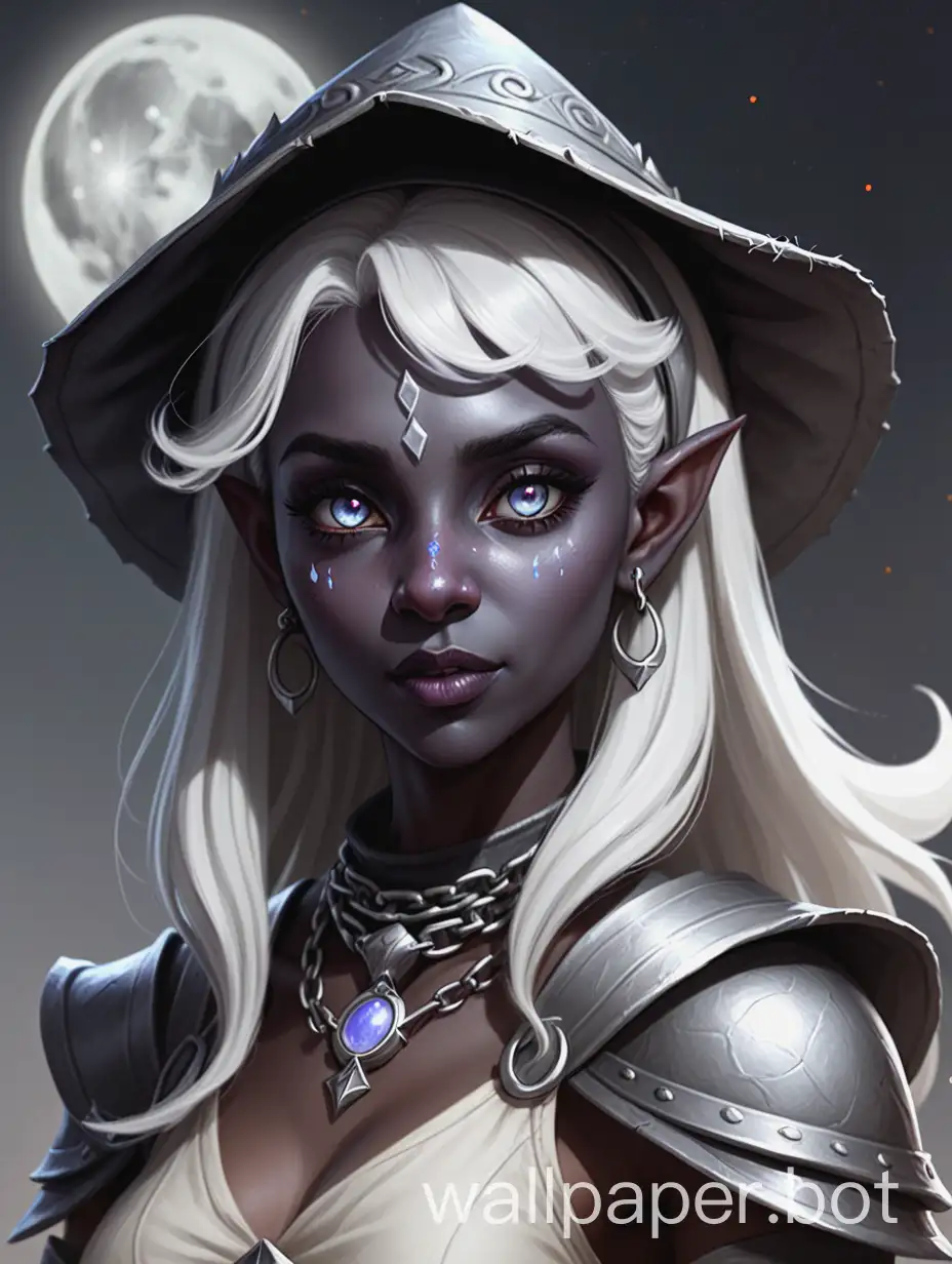 dungeons and dragons OC, concept, drow, pale gray dark elf, dancing cleric, priest, grey skin, hair in a low bun, face framing bangs, middle part, white hair, bright eyes, sweet, soft, freckles, light moonstone eyes, dark lips, adult, chainmail archaeologist, cool hat, portrait, adventurer, neutral soft expression, artwork, digital art, character art, moon theme