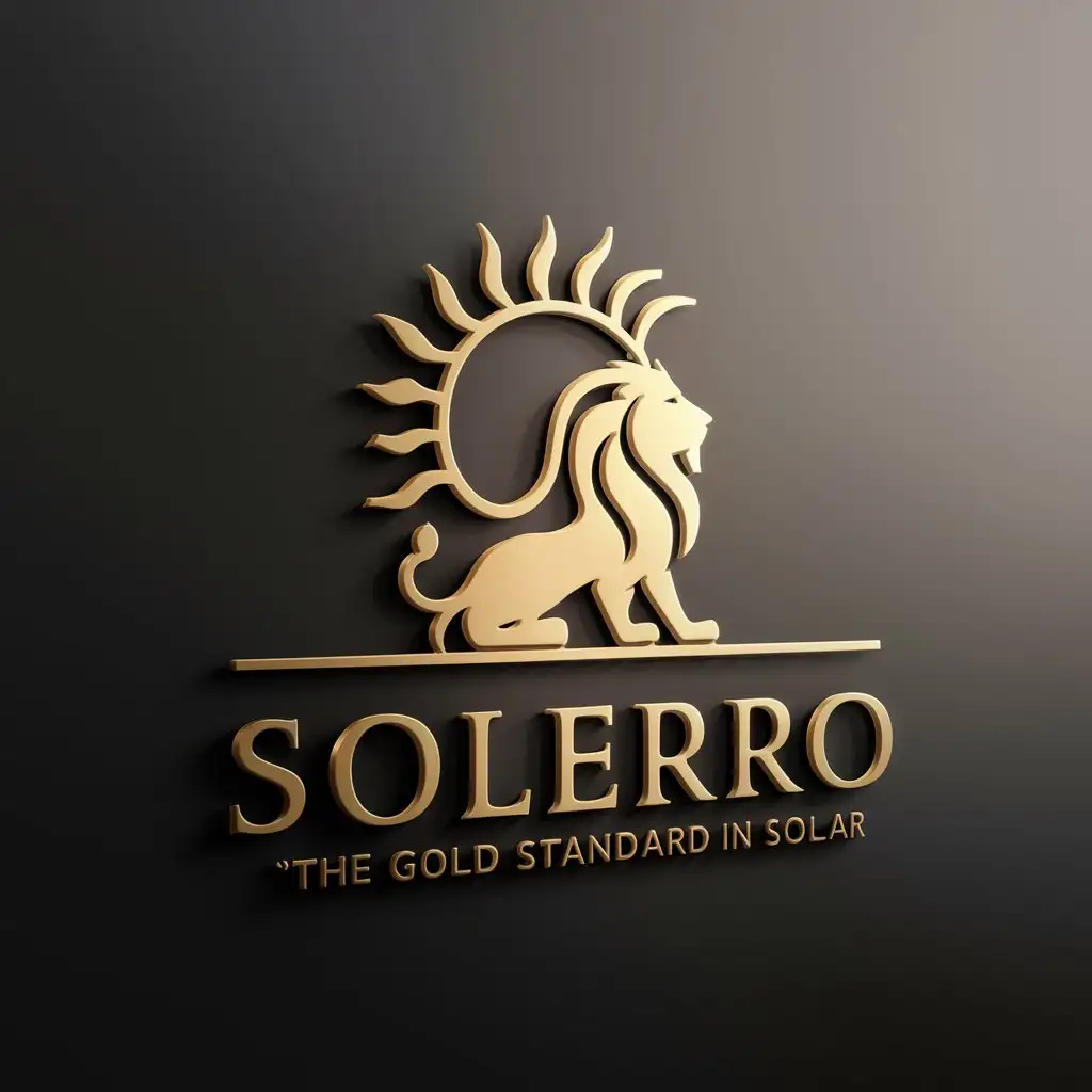 sun and lion logo in gold with company name solerro. use slogan: the gold standard in solar. make it high end. classy