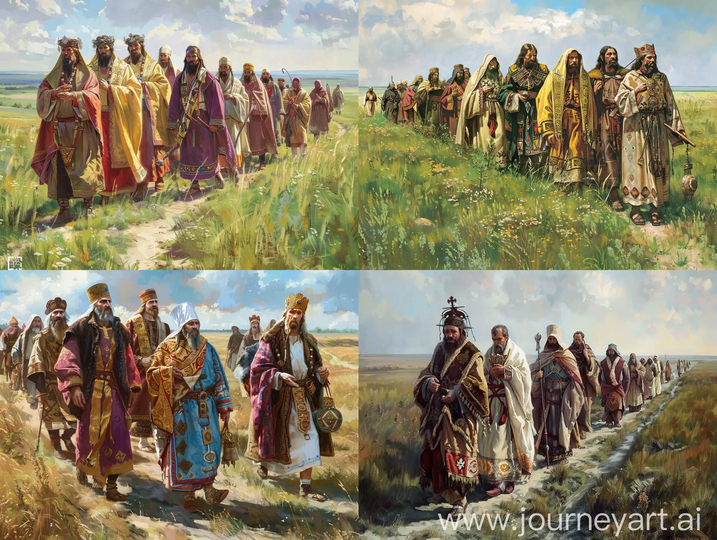 Disciples Spreading Teachings in Russian Steppes: "Disciples of Christ traversing the vast Russian steppes, sharing his teachings with nomadic Slavic tribes while adorned in traditional robes and symbols." based in Anatoly Timofeevich Fomenko e Gleb Vladimirovich Nosovsk books