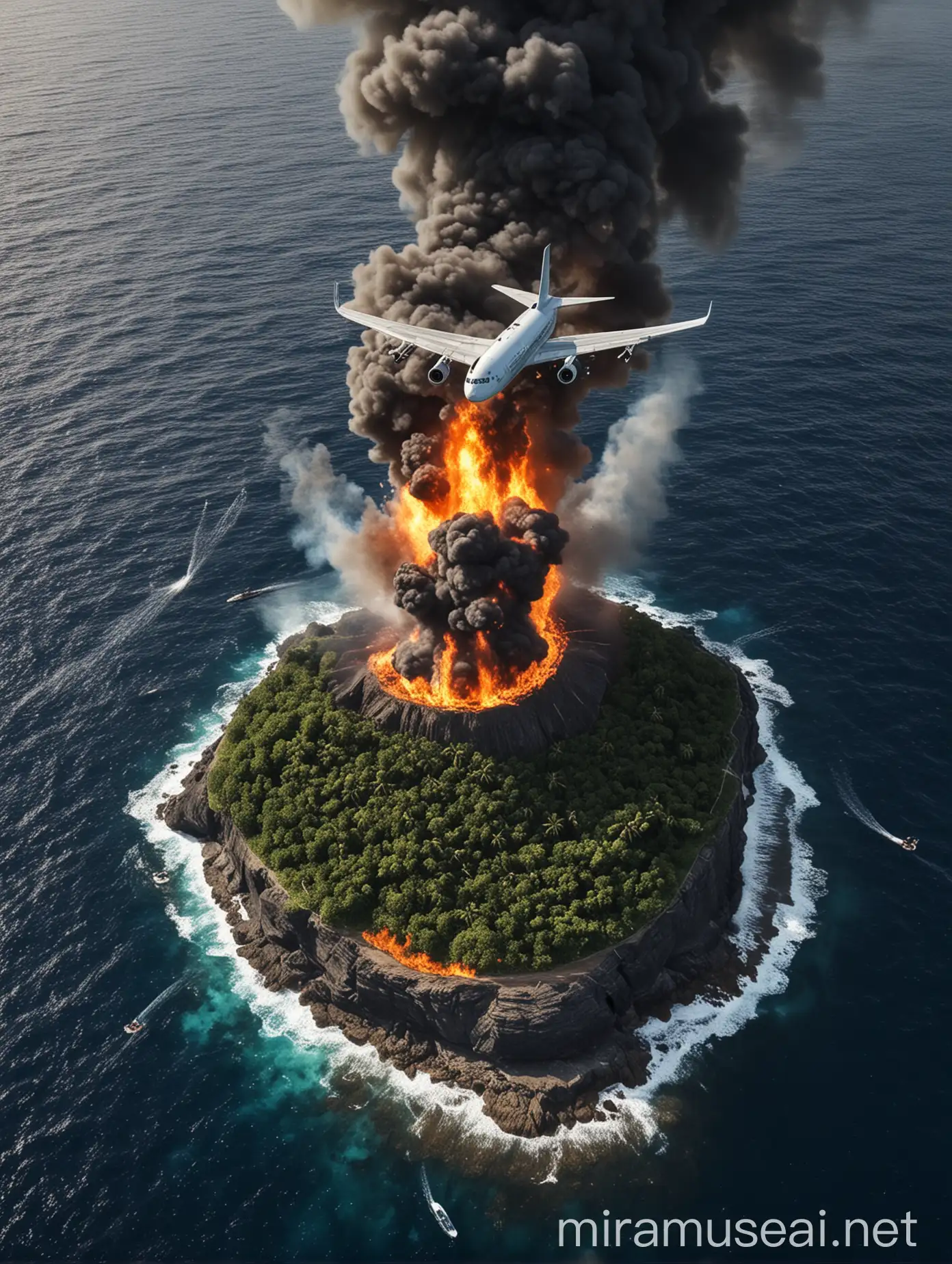 صورة جزيرة في نصف المحيط عليها طائرة تحرق