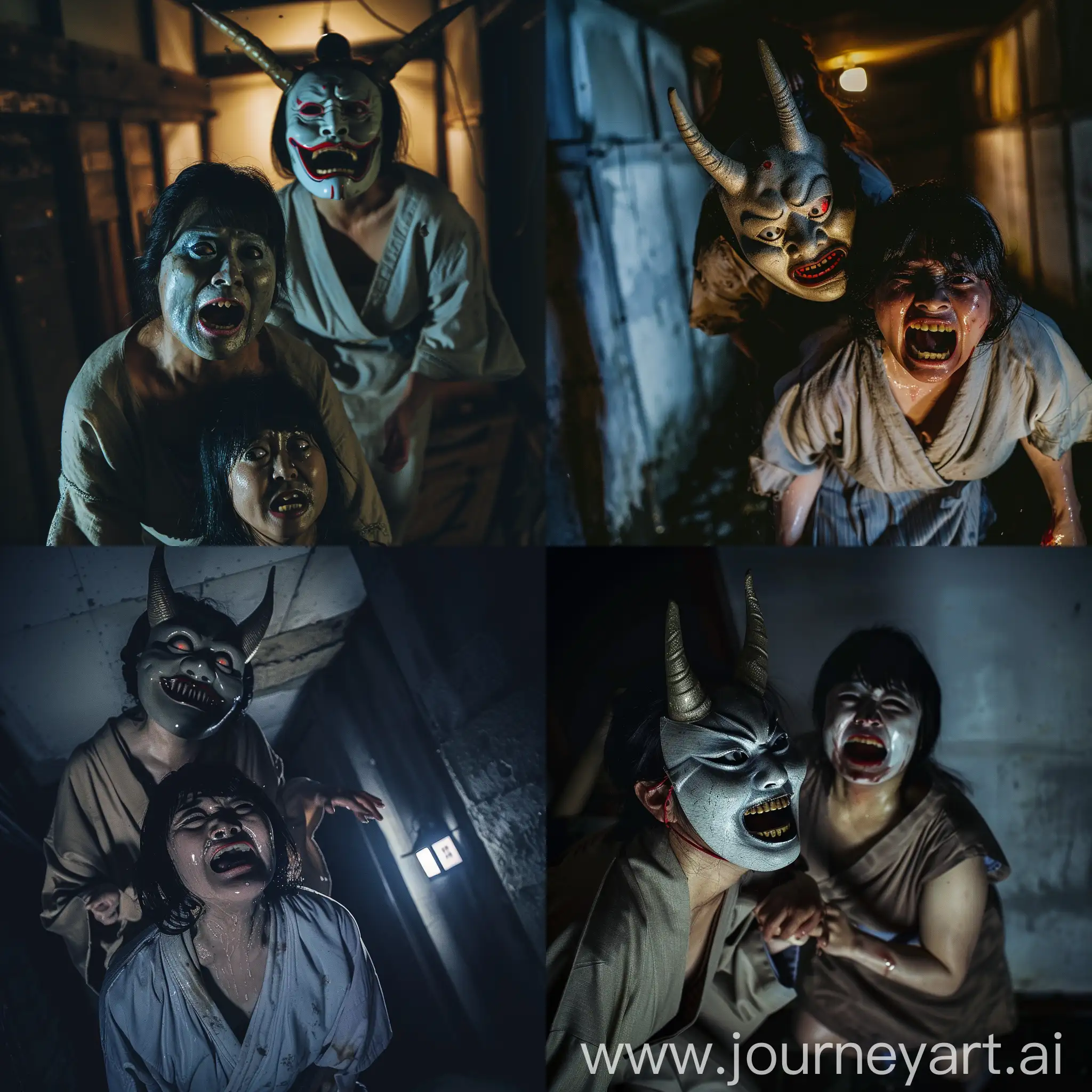 A Japanese woman with Japanese scary mask with horns chasing a Japanese woman which is crying and scared at dark basement, Japanese horror movie scene, cinematic lighting