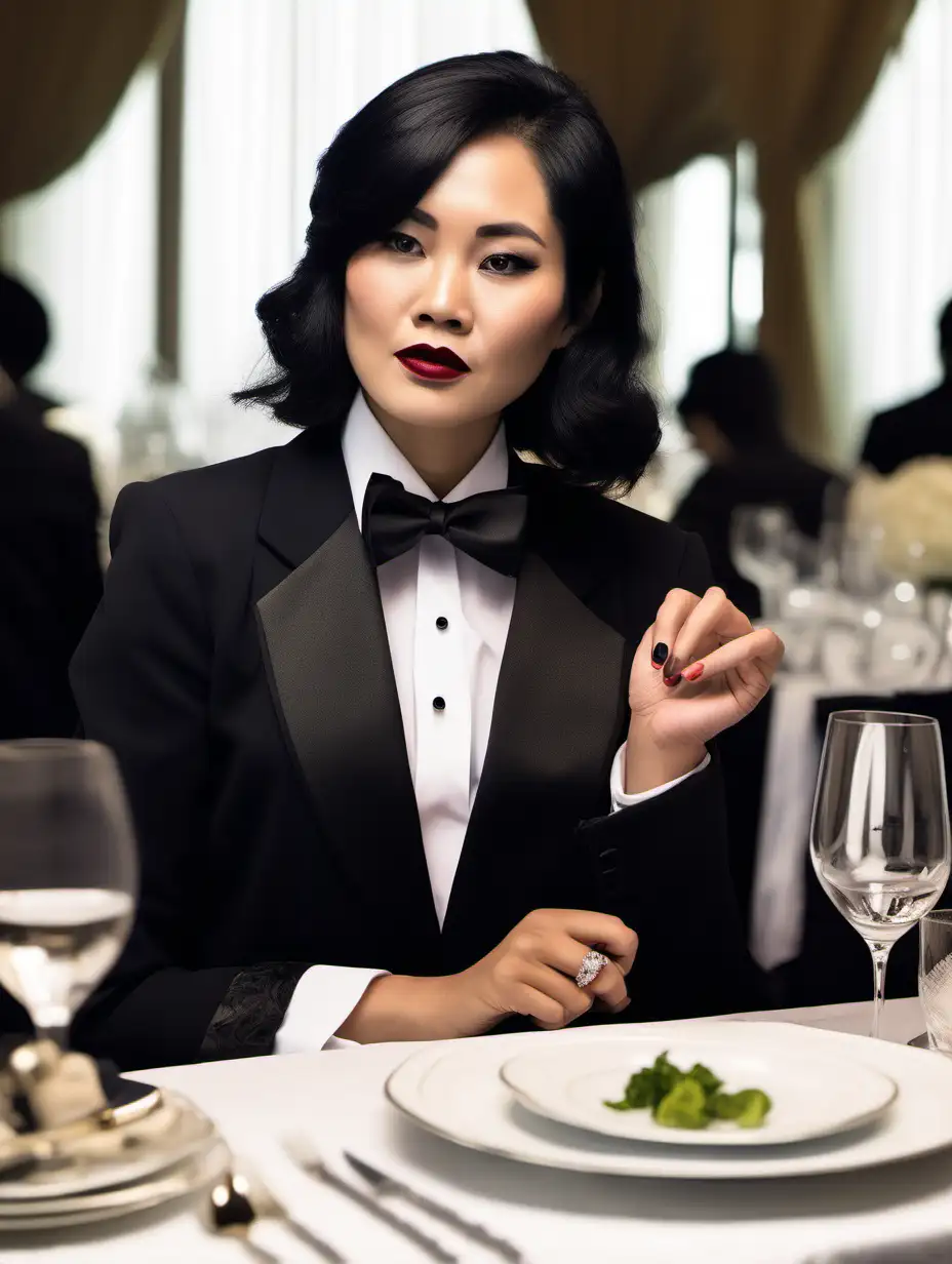 30 year old stern vietnamese woman with shoulder length black hair and lipstick wearing a tuxedo with a black bow tie. (Her shirt cuffs have cufflinks). Her jacket has a corsage. She is at a dinner table.