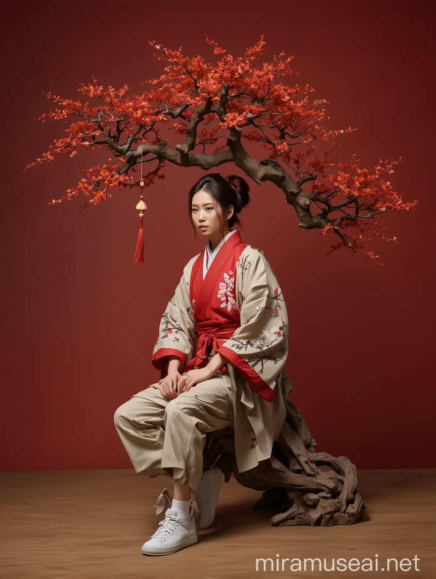Environment:

Main Branch: Red Backdrop
Sub-Branch 1: Bonsai Set (explore different placements - near model, off to the side)
Alternative Branch: Explore alternative environments that complement the theme (e.g., minimalist Japanese garden, traditional Japanese room with red accents)
Position:

Main Branch: Side Front (classic editorial pose)
Alternative Branch: Explore other dynamic poses that fit the theme (e.g., kneeling with bonsai, walking with panning effect)
Style:

Main Branch: Fashion Editorial (high fashion with a focus on storytelling)
Sub-Branch 1: Streetwear High Fashion (blend high-end fashion with streetwear elements)
Key Element:

Main Branch: Streetwear High Fashion (e.g., oversized jacket, statement sneakers, layered clothing)
Photography Type:

Main Branch: Annie Leibovitz Style (bold compositions, dramatic lighting)
Theme:

Main Branch 1: Japanese Culture
Sub-Branch 1.1: Modern Interpretation (contemporary take on traditional elements)
Sub-Branch 1.2: Classic Inspiration (draw inspiration from iconic Japanese imagery)
Main Branch 2: Streetwear (incorporate streetwear elements seamlessly with the Japanese theme)
Visual Filters:

Main Branch: Lens Flare (subtle for a classic Leibovitz look)
Camera Effects:

Main Branch: Panning (create a sense of movement and dynamism)
Alternative Branch: Explore other effects that complement the theme (e.g., slow motion, close-ups)
Time:

Main Branch: Night Time (dramatic and moody atmosphere)
Resolution:

Main Branch: 8k (ultra-high definition for intricate details)
Details:

Main Branch: Very Intricate Details (focus on clothing texture, makeup, hair)
Additional Considerations:

Facial Expression: Confident, powerful (to match the high fashion theme)
Props: Explore props that enhance the theme (e.g., Japanese fan, origami crane)
Color Palette: Explore color palettes that complement the red backdrop and Japanese theme