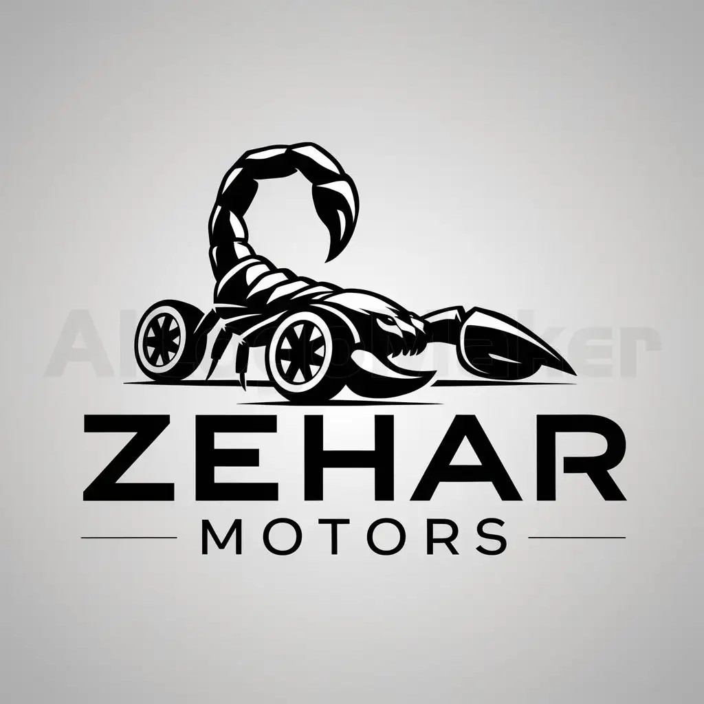 a logo design,with the text "Zehar Motors", main symbol:Scorpion with wheels,Moderate,clear background