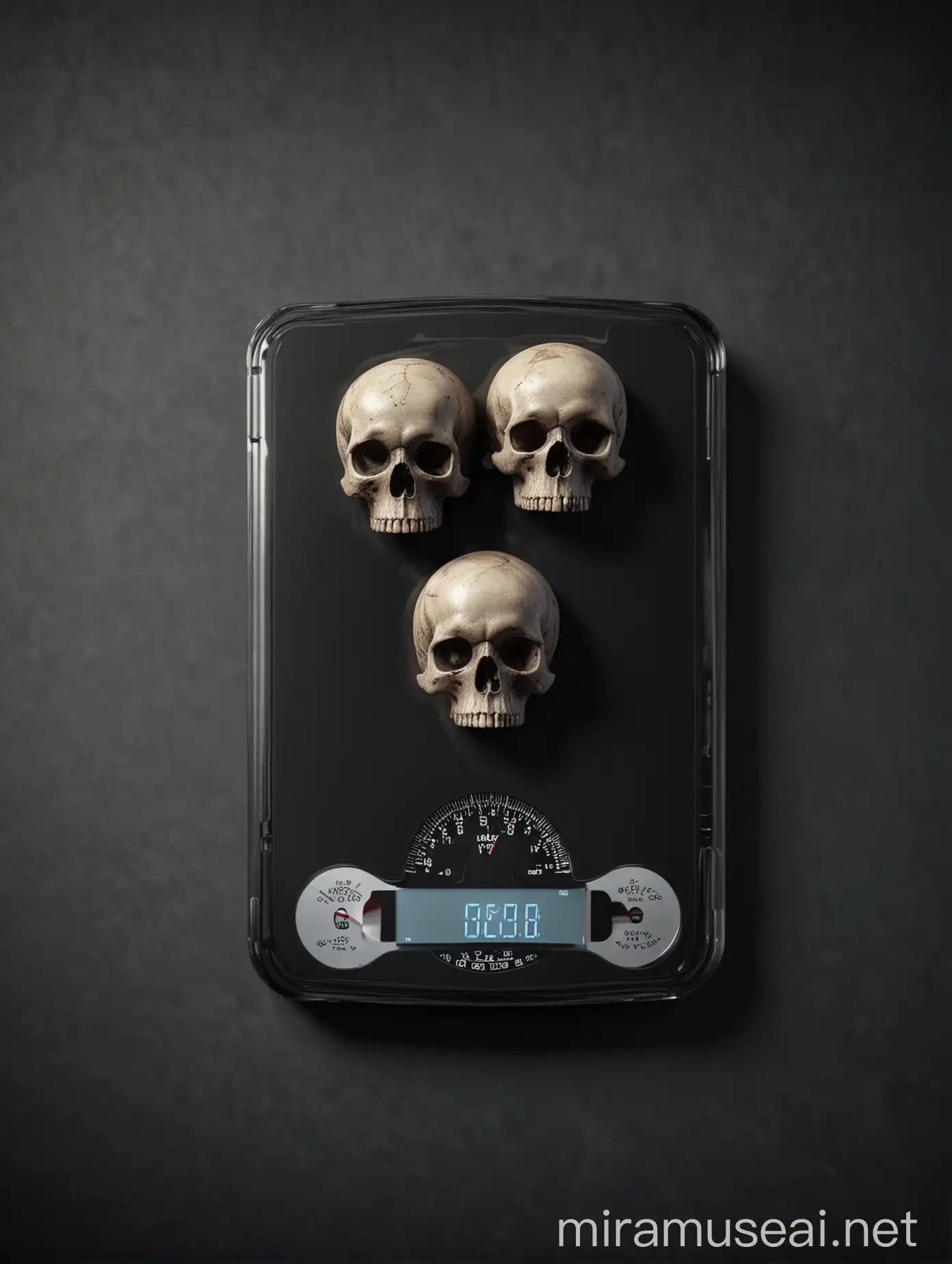 ULTRA REALISTIC high definition, 3d black digital pocket scale, with 3 skulls on top of it on a dark background, in cinematic lighting