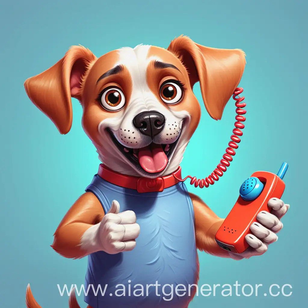 мультяшная собачка с игрушечным телефон в руках
