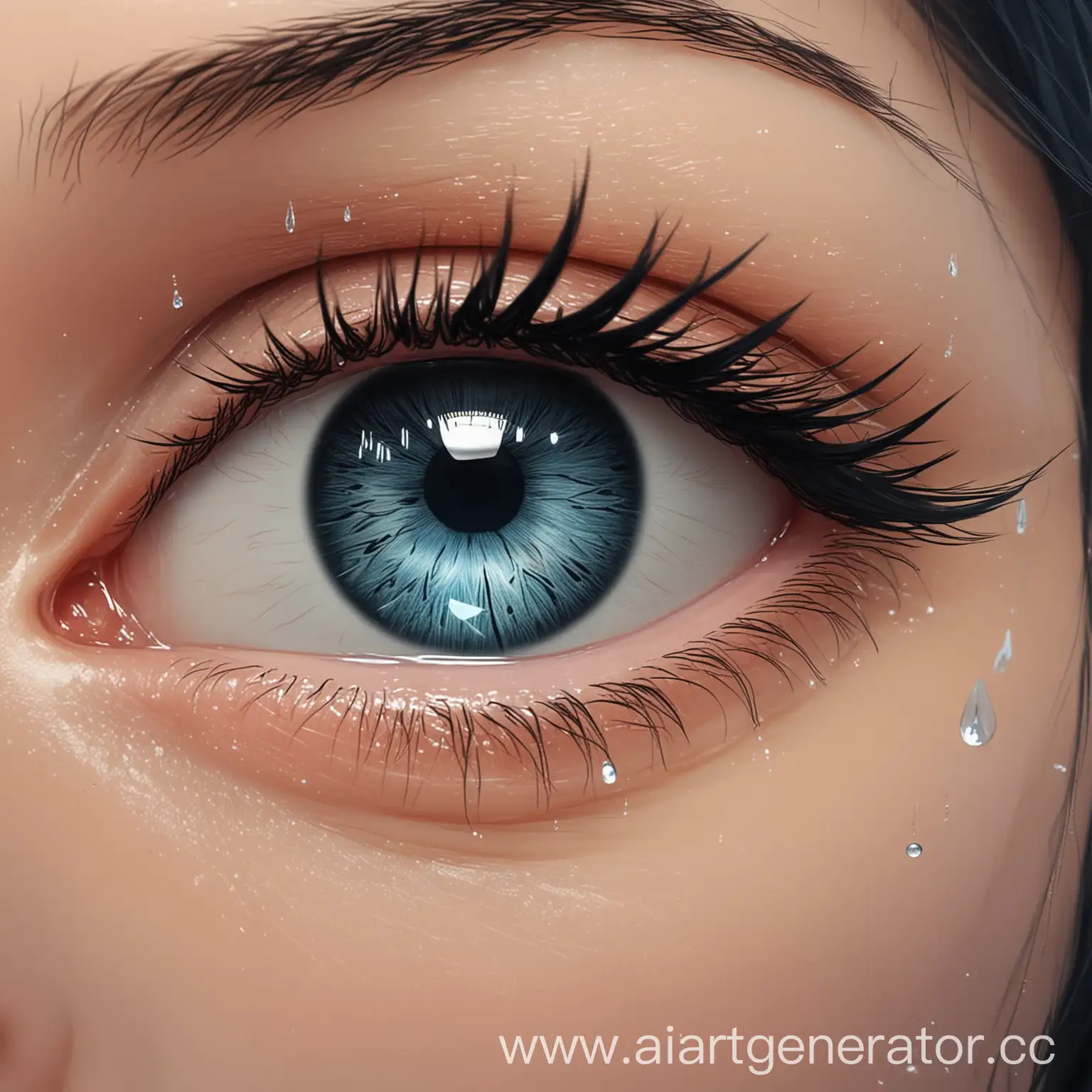 Draw an anime-style female eye with a small ship in the pupil and an ocean tear dripping logo