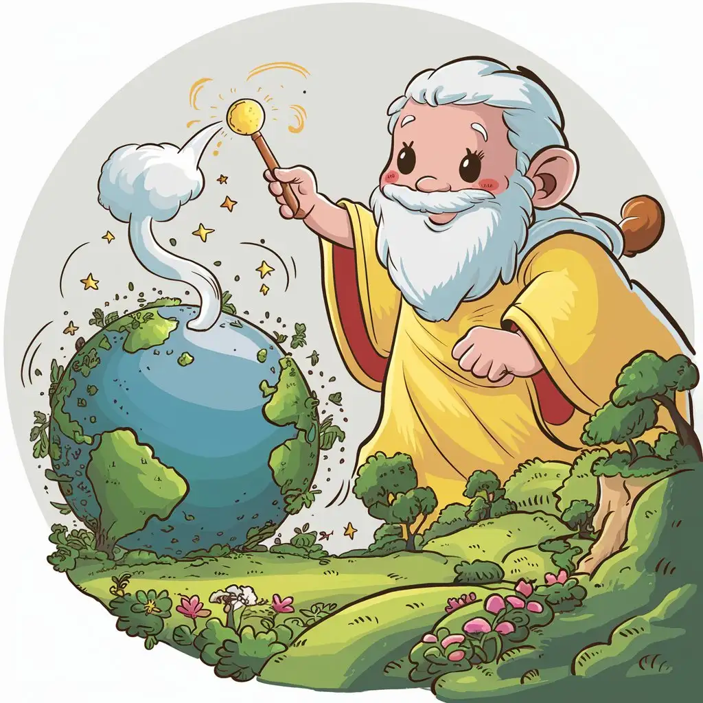 create basic cartoon drawing in the style of the cartoon "ben and holly's little kingdom" of god creating the earth