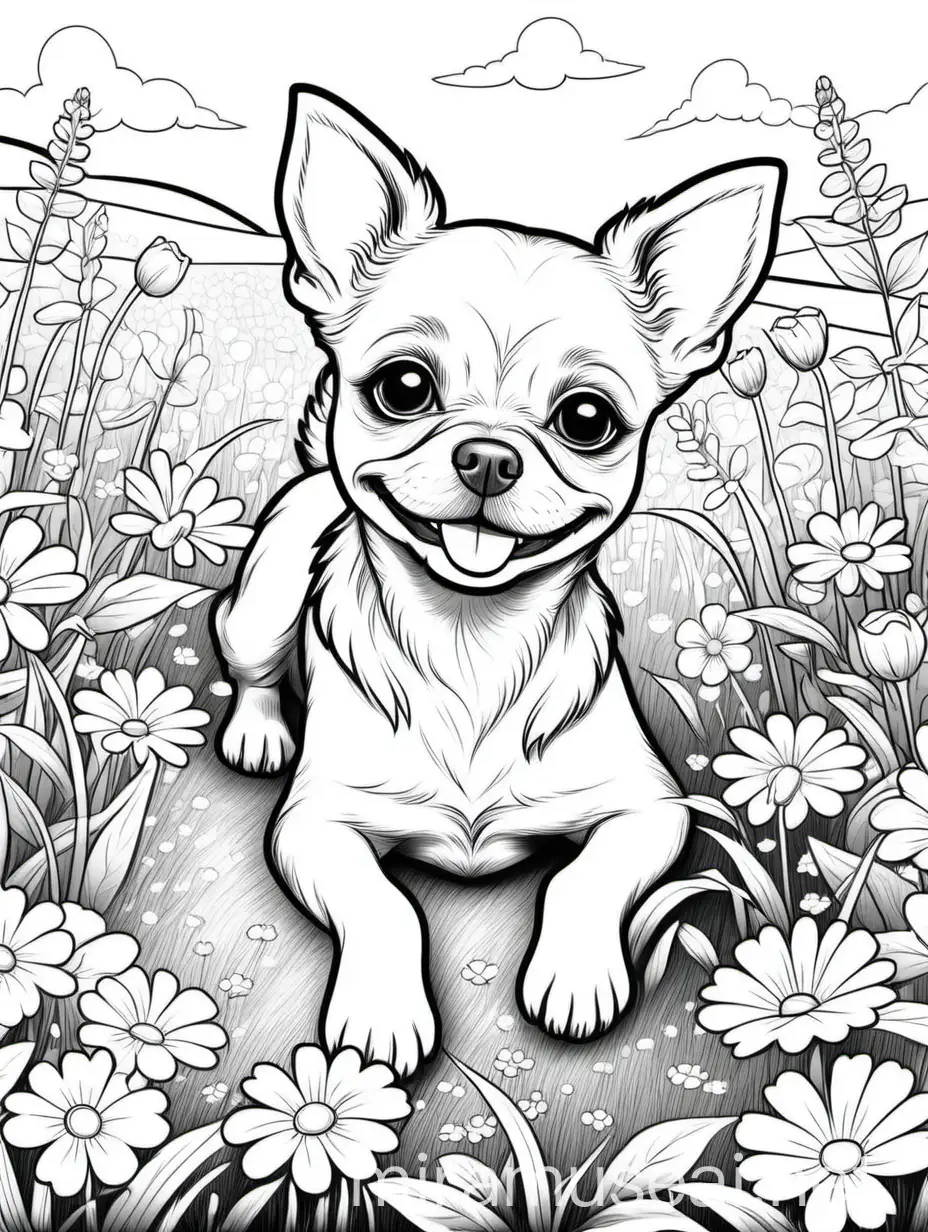 Playful Puppy Resting Amidst Colorful Flower Meadow Childrens Coloring Book Illustration