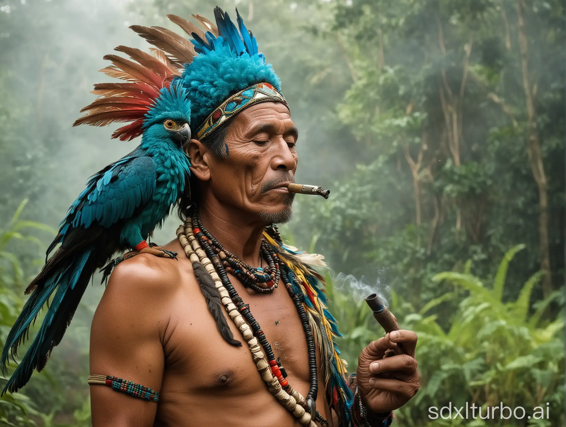 un chaman péruvien de 50 ans avec un quetzal sur l'épaule en train de fumer une pipe dans la jungle d’Amazonie
