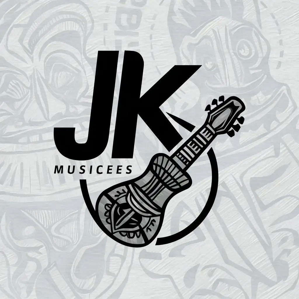 a logo design,with the text "JK", main symbol:tiki guitar,complex,clear background