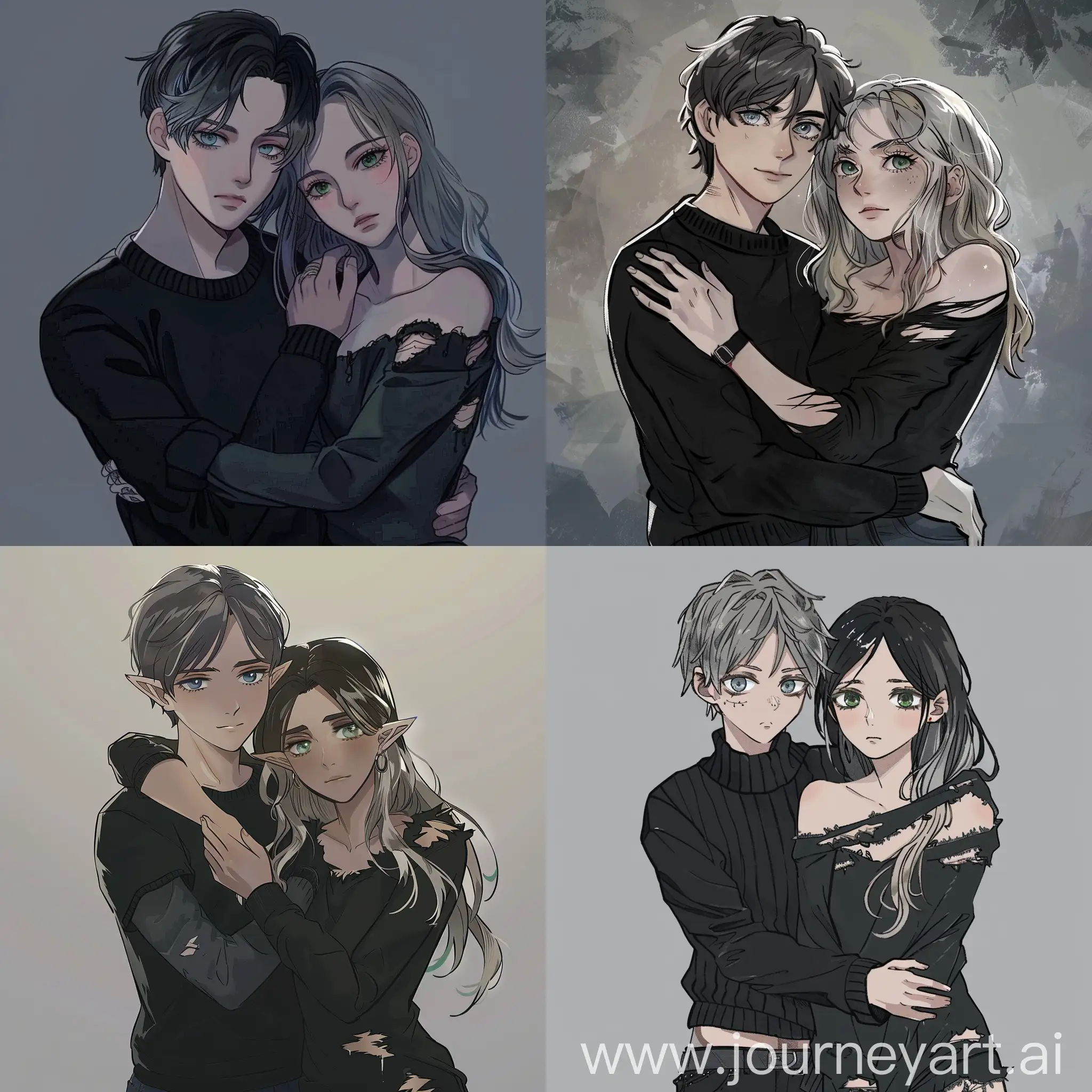 A light-skinned guy with short black hair, gray-blue eyes in a black sweater hugging a light-skinned girl with dark blonde long hair, green eyes in a black torn shirt in the style of Disney