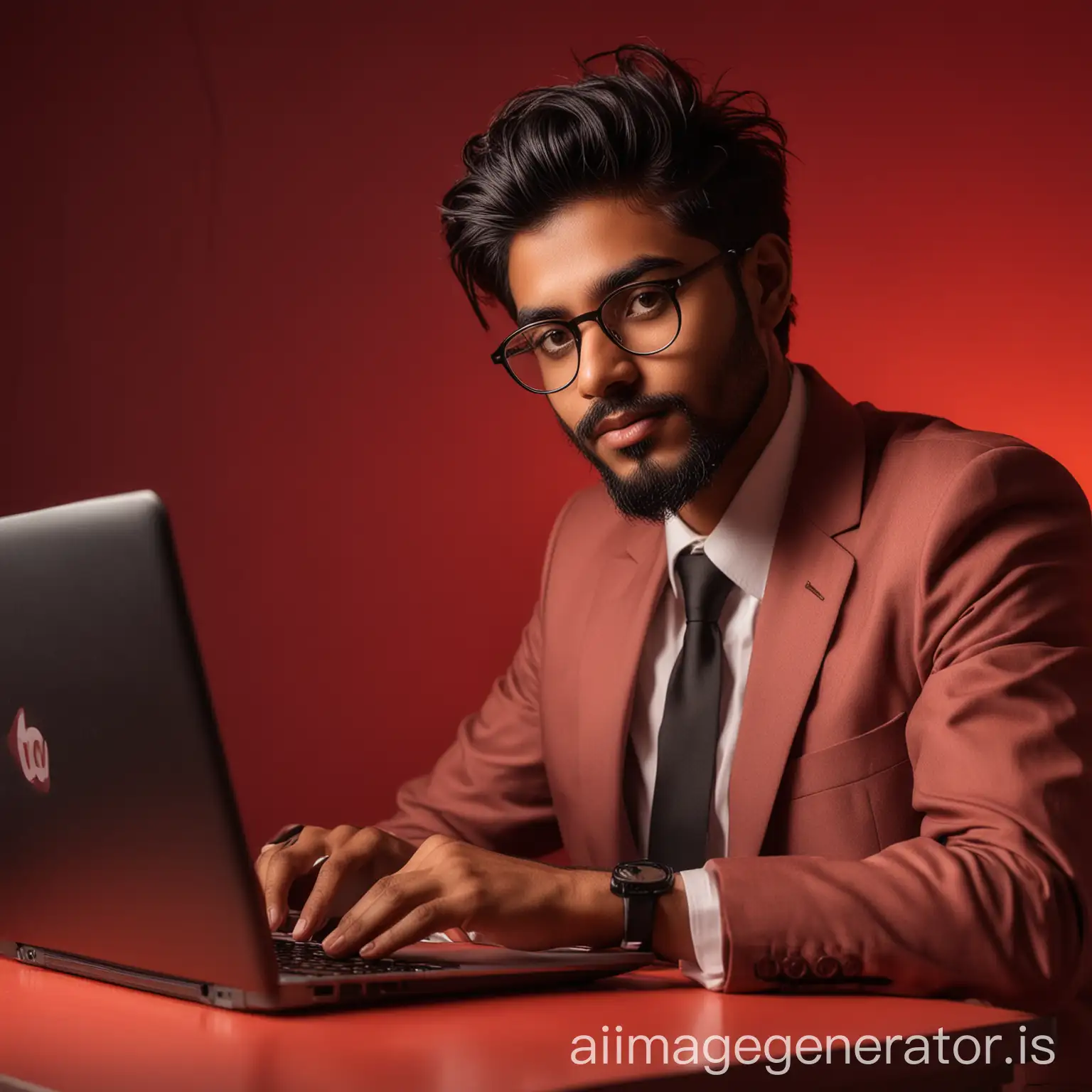 21 year old Indian boy with dusky skin trimmed beard medium length hair wearing spectacles sitting and looking into laptop for a linkedin picture in formals with a red light in background


