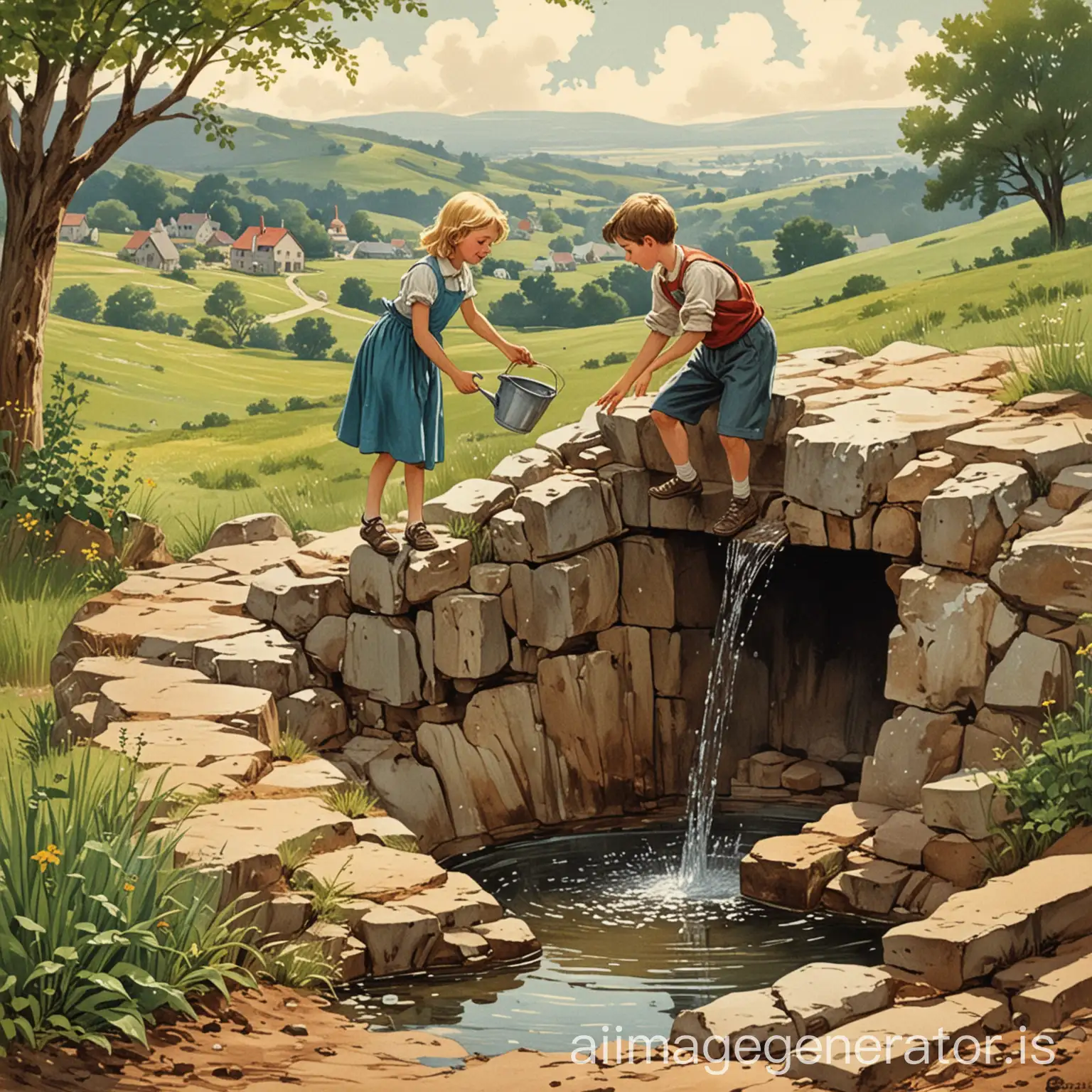 Vintage-Childrens-Book-Illustration-Boy-and-Girl-at-Hilltop-Well