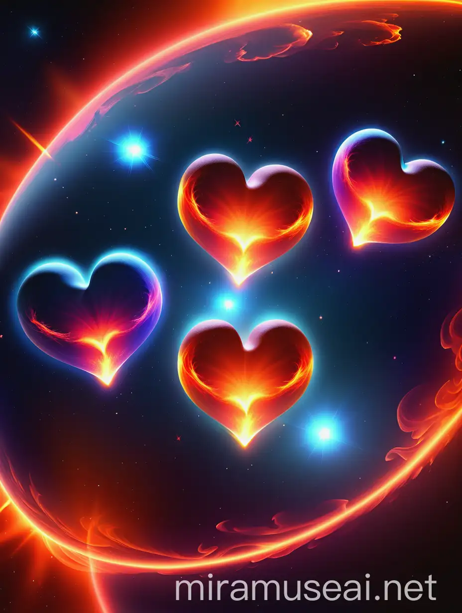 Four Burning Hearts in Space Vivid HD Art with Nebula and Comets