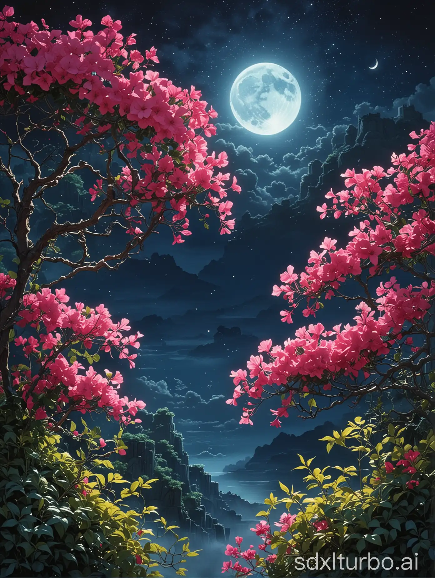 Tranquil-Night-Sky-with-Pink-Bougainvillea-and-Full-Moon