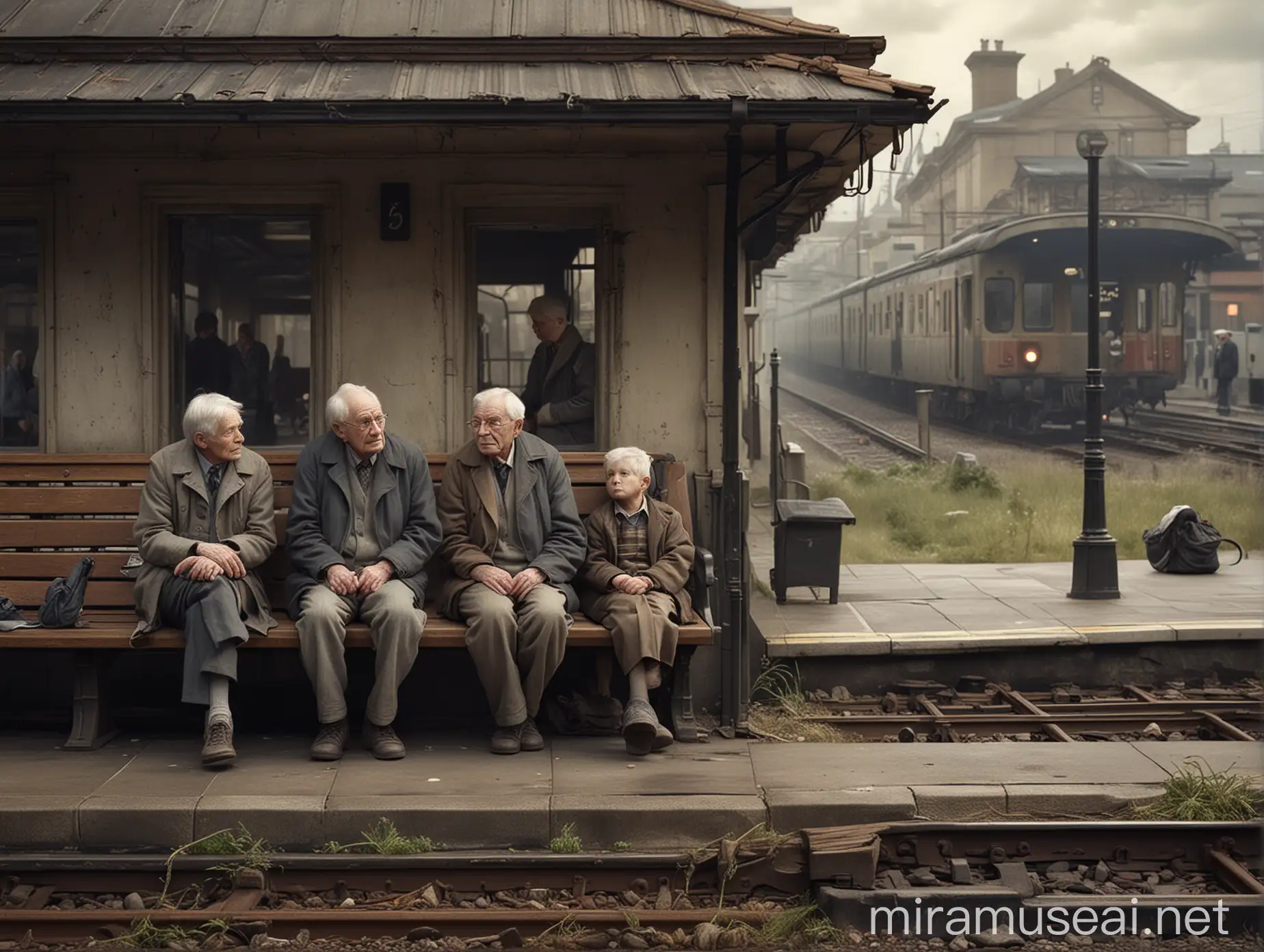 an image created in a realistic photographic style depicting the same person at three different stages of life: as a boy, as an adult, and as an elderly person. Each of the three characters is sitting on a bench along the platform of a train station. In the background, visible without any trains approaching, are the train tracks. The characters are all looking at a clock on the station wall and appear visibly tired. The framing should be wide, showing clear details of both the characters and the train station, including the aged roof, dirty windows, and worn marble floor all station whitout train., hight resolution