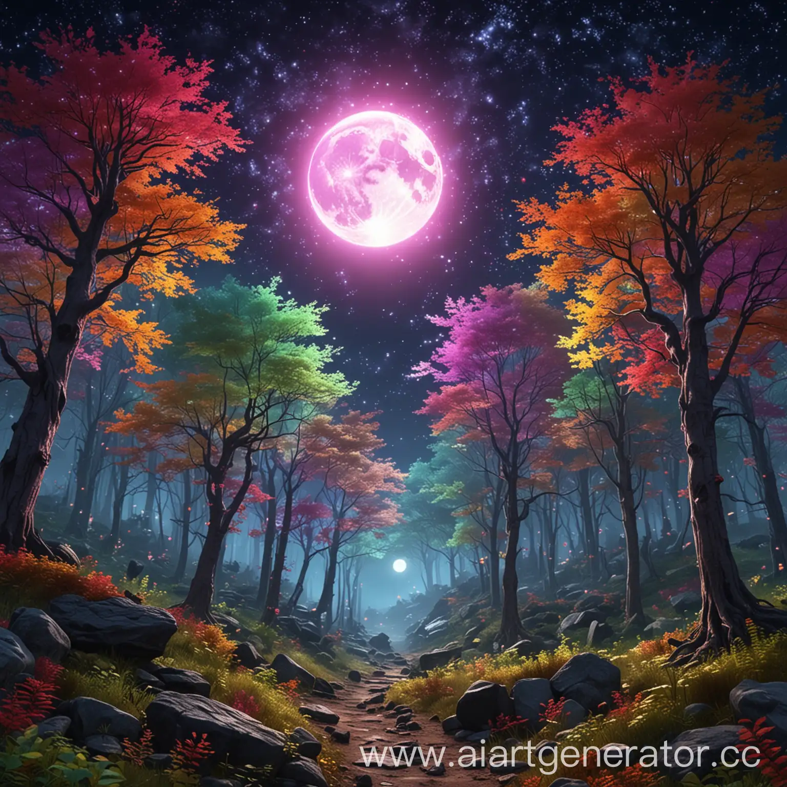 волшебный лес ночью 4к высокое качество разноцветные деревья и красивая луна Аниме