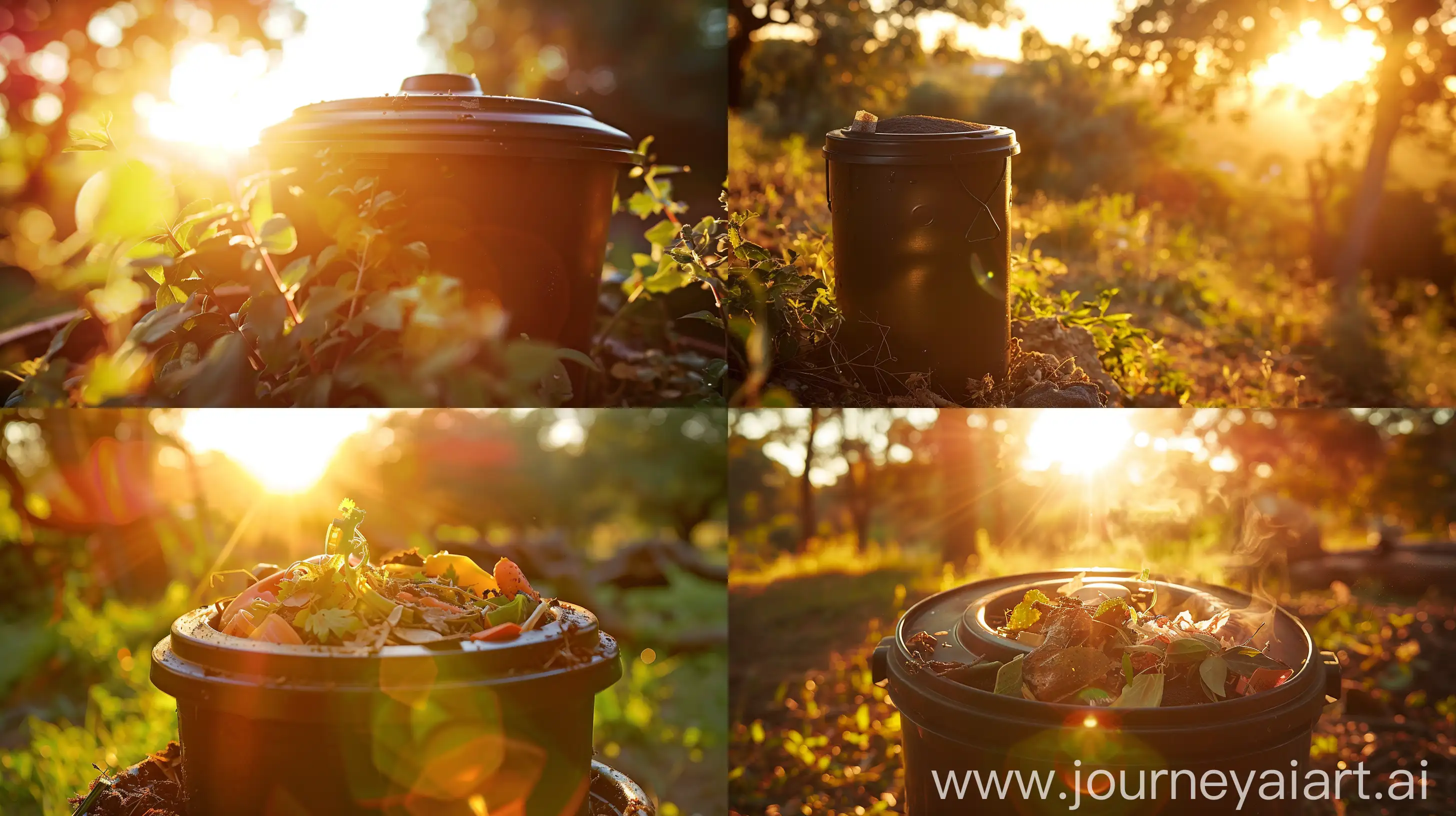 High detailed photo capturing a Kitchen Compost Pail. The sun, casting a warm, golden glow, bathes the scene in a serene ambiance, illuminating the intricate details of each element. The composition centers on a Kitchen Compost Pail. This compost container holds scraps and eliminates their odor. The lid has a unique charcoal filter to eliminate food odors. Wide opening allows for easy emptying of plates. Made of sturdy and durable polyethylene, measures 8 1/2" x 8" x 11" high and hold. The image evokes a sense of tranquility and natural beauty, inviting viewers to immerse themselves in the splendor of the landscape. --ar 16:9 
