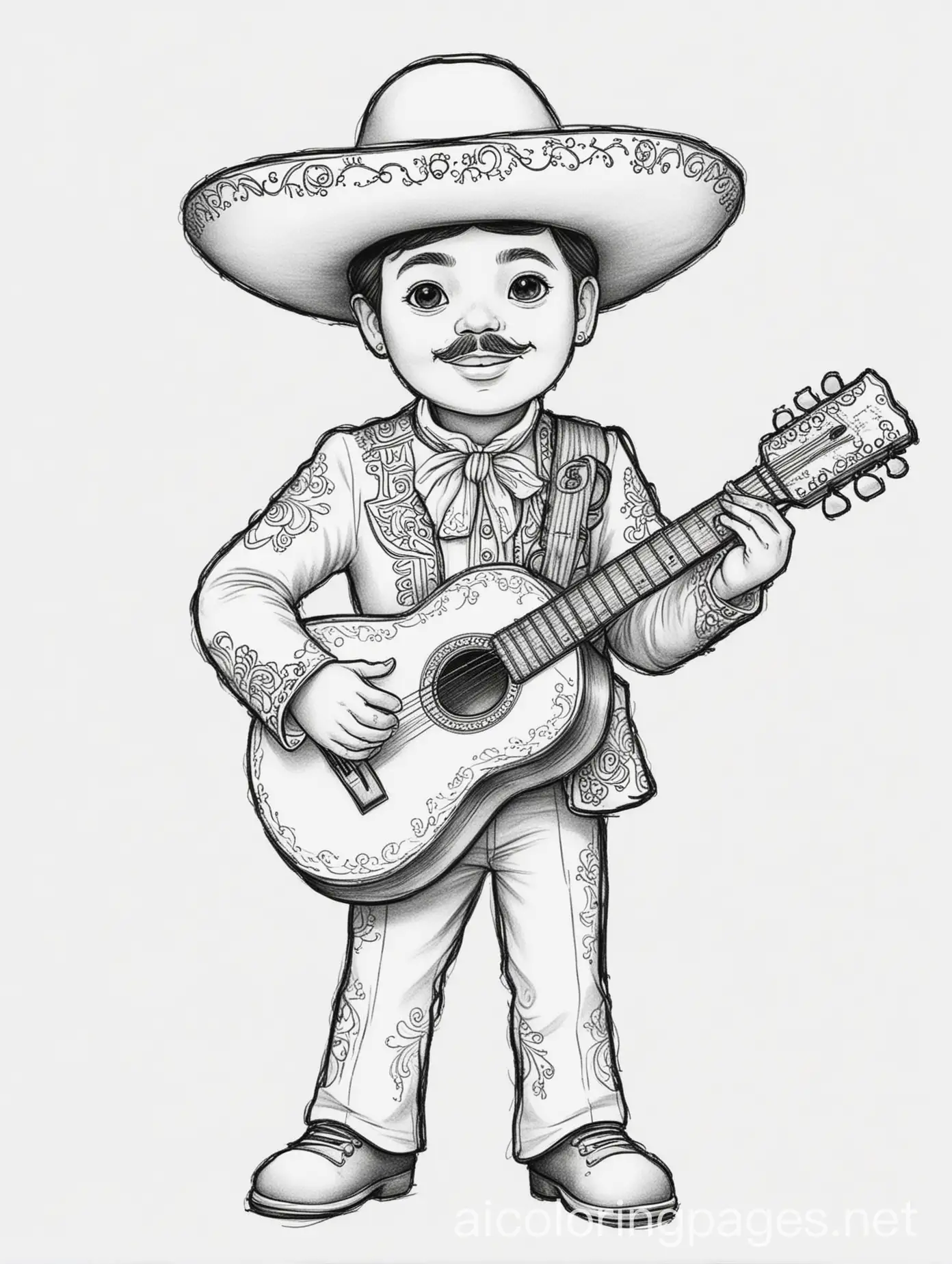 mariachi mono, Coloring Page, black and white, line art, white background, Simplicity, Ample White Space. The background of the coloring page is plain white to make it easy for young children to color within the lines. The outlines of all the subjects are easy to distinguish, making it simple for kids to color without too much difficulty