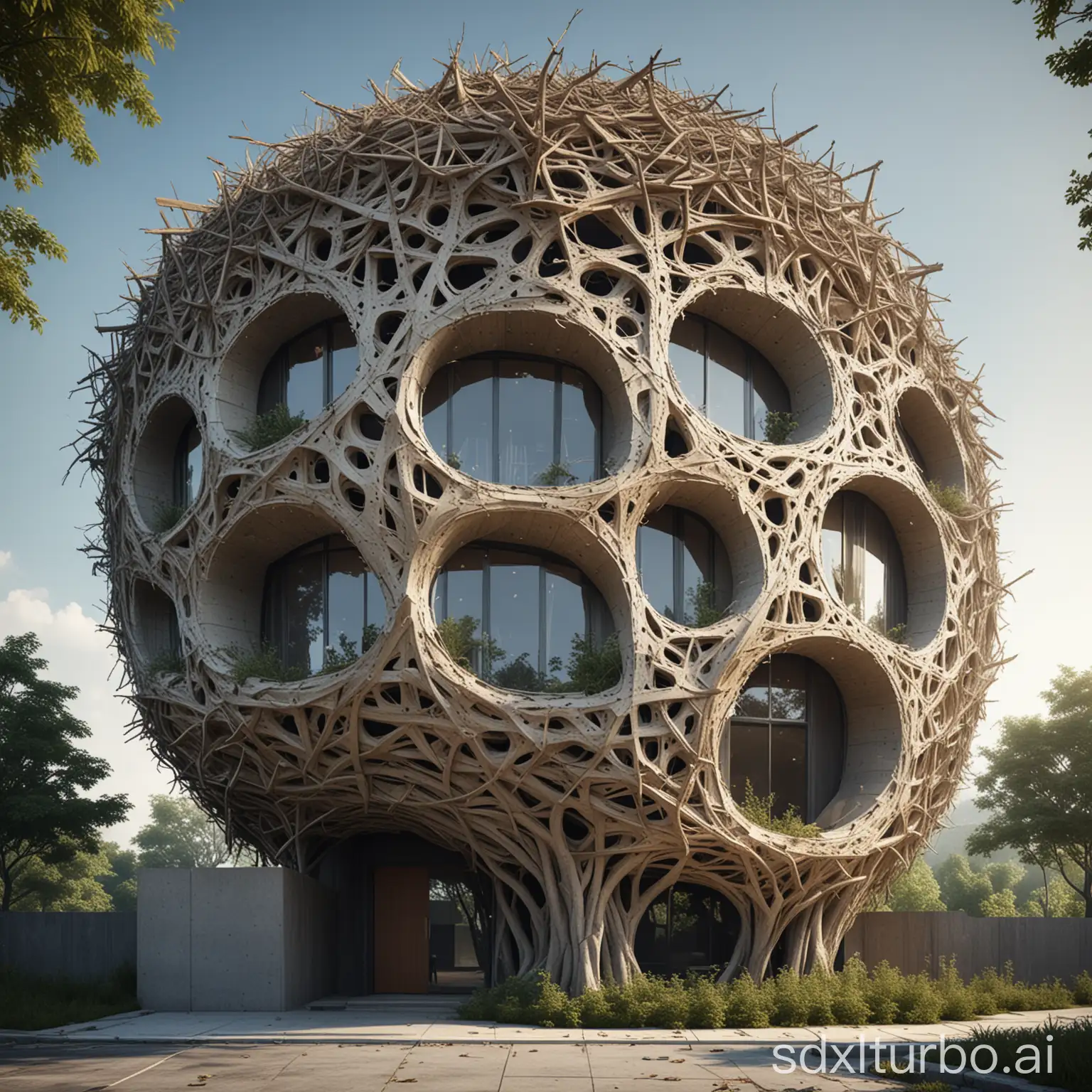 Modern Abstract Architecture Residence Building Design, Inspired by Bird Nest. Ultra Detail.
