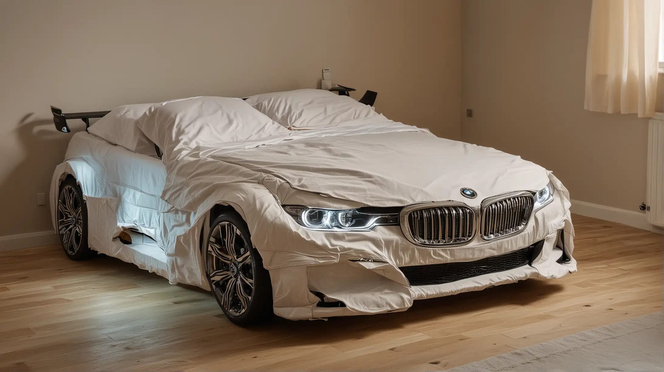 Двухспальная кровать с яркими постельными принадлежностями в форме автомобиля марки БМВ с включенными фарами