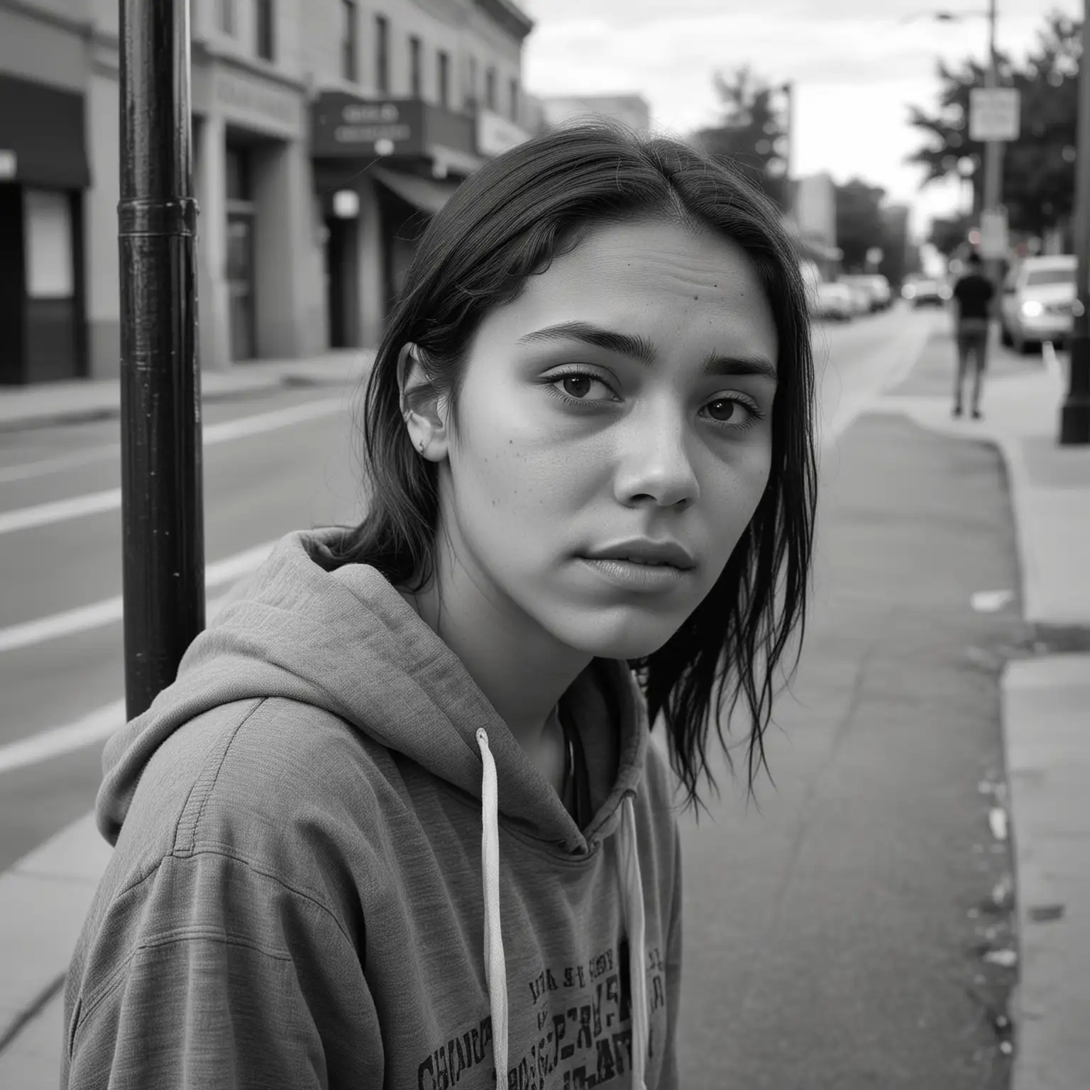 realistic black and white photograph of a depressed 20 year old Cherokee woman soliciting herself on a street corner