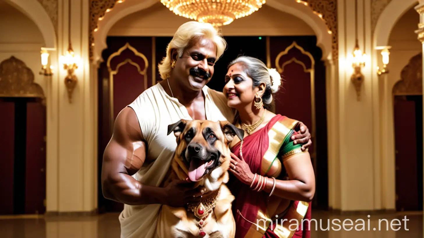 at night a 23 years indian muscular bodybuilder man is hugging   a  41 years  indian beautiful mature fat 
 woman  with high volume hair and makeup wearing earrings and gold ornaments   with bleached hair    . both are wearing wet dhoti and saree and  they are standing in a luxurious hall in a luxurious royal palace  full with lights  ,and are  happy and shouting . and a German Shepherd
Dog breed is near them. ,  and a lots of lights are there. 
