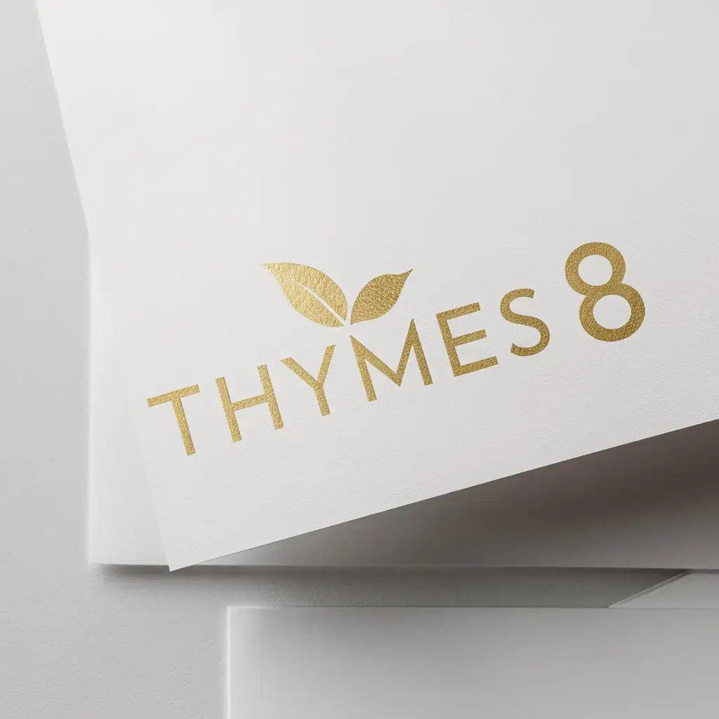 a logo design,with the text "THYMES 8", main symbol:this logo modern clean minimalist wordmark. should include a word with a leaf or shape. preferred color is gold. must be a white paper mockup,Moderate,clear background
