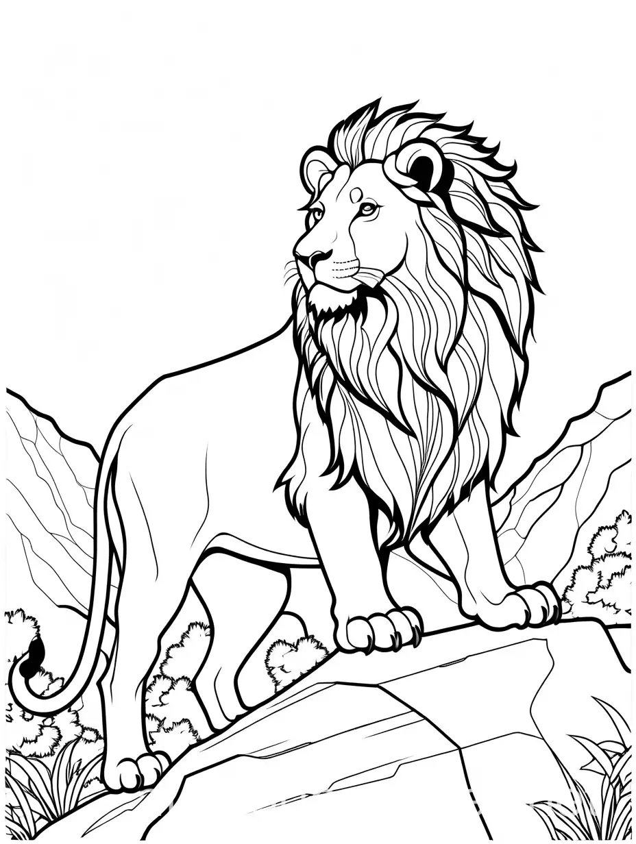 A lion on a giant rock, coloring page, black and white, line art, white background, simplicity, ample white spaces. The background of the coloring page is plain white to make it easy for young children. The outlines of all subjects are easy to distinguish, making it simple for kids to color without too much difficulty., Coloring Page, black and white, line art, white background, Simplicity, Ample White Space. The background of the coloring page is plain white to make it easy for young children to color within the lines. The outlines of all the subjects are easy to distinguish, making it simple for kids to color without too much difficulty, Coloring Page, black and white, line art, white background, Simplicity, Ample White Space. The background of the coloring page is plain white to make it easy for young children to color within the lines. The outlines of all the subjects are easy to distinguish, making it simple for kids to color without too much difficulty