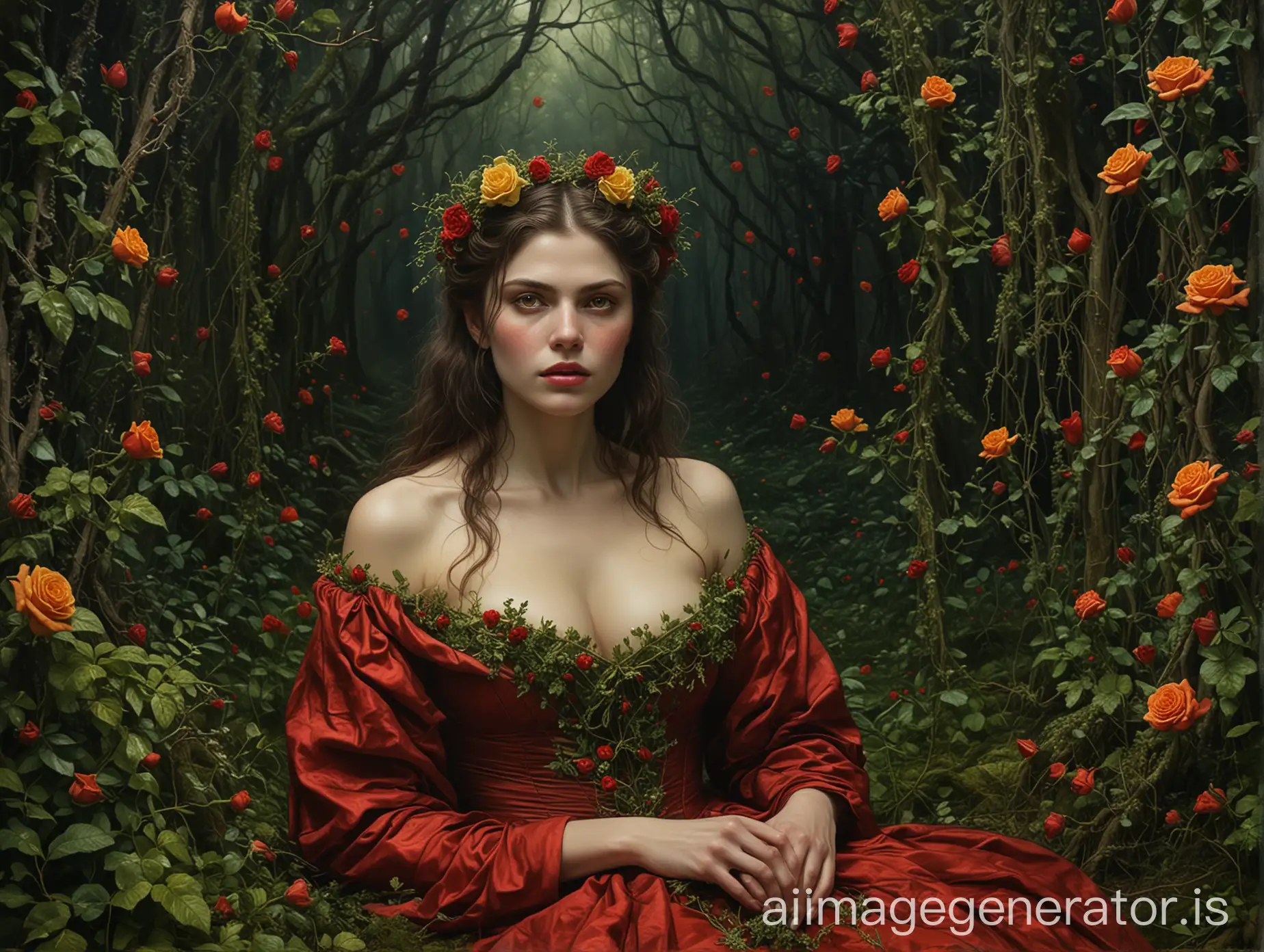 A surrealistic oil painting, reminiscent of late-19th-century Symbolism, shows a woman with glowing yellow eyes, Alexandra Daddario face. She is sitting on the mossy ground. Her body is tightly enshrouded in emerald green vines with thorns, punctuated by red roses. The same blend of thorns, green veins, and red roses emerge from her hair, which is an awe-inspiring display of nature and transformation. These natural elements seep into everything, wrapping even the darkest corners, and patrons are ensnared in this stunning spectacle. The lady is garbed in a full-length vermilion gown which contributes to the visual drama, and her hand gracefully navigates through the bramble in a daring move. Behind this spectacle, a dark forest adds an integral backdrop, cloaking everything in mystery and intrigue.