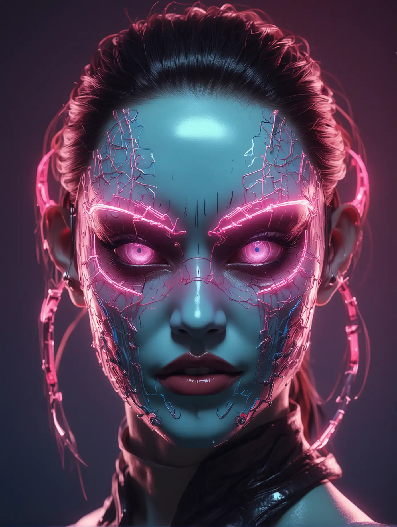 Futuristic Cyberpunk Woman With Translucent Glass Oni Mask In Neonlit