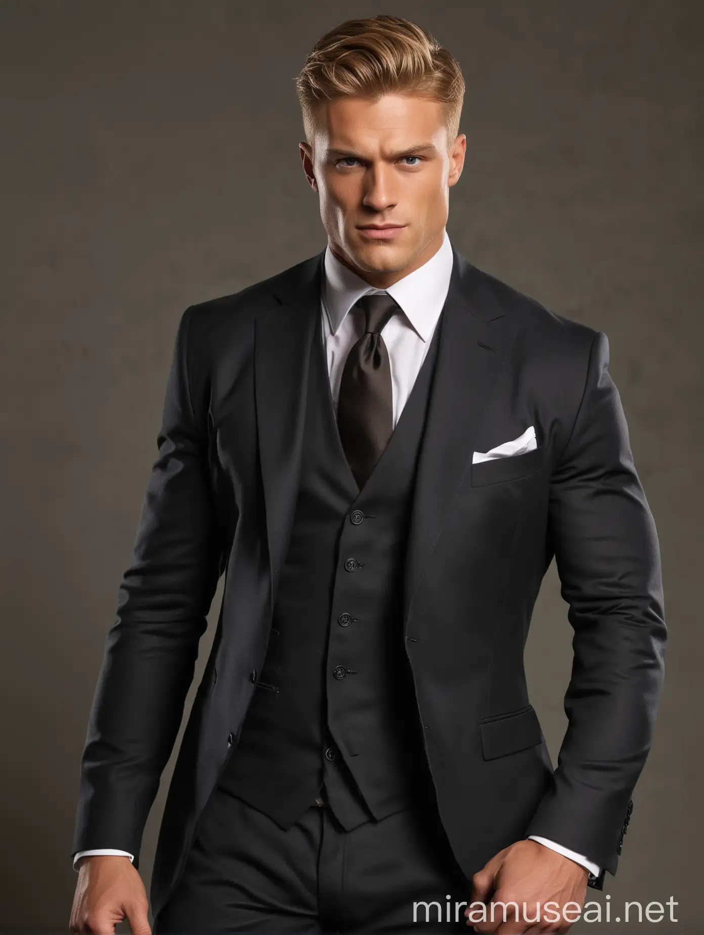 Hombre musculoso, blanco, de cabello marrón claro, traje a la medida de tres piezas negro y corbata gris, con cara de pícaro 