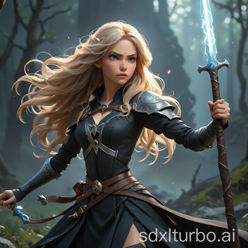 Realistic, masterpiece, best quality, ultra-detailed, fantasy, wizard, female, glowing sword, battle, magic circle, slender body, black clothes, long sleeves, light hair, Nordic style, highly detailed scenery, atmospheric, mighty power, Uplifting