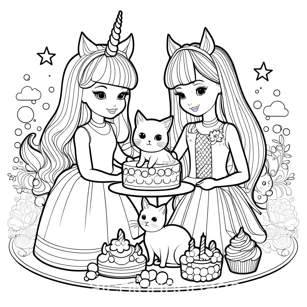 2 barbie friends having a unicorn, kitten, and rainbow themed birthday party, Coloring Page, black and white, line art, white background, Simplicity, Ample White Space. The background of the coloring page is plain white to make it easy for young children to color within the lines. The outlines of all the subjects are easy to distinguish, making it simple for kids to color without too much difficulty