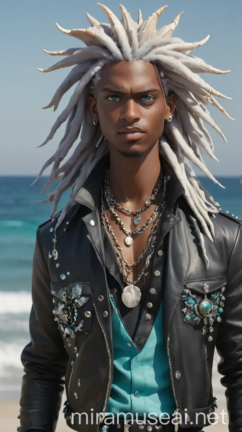 A striking young man with skin the color of rich chocolate, giving him a regal and commanding presence. His bright blue eyes shimmer like the ocean, reflecting depths of mystery and power. His hair is a unique blend of white and turquoise dreadlocks, styled in a way that resembles the ebb and flow of ocean waves. His outfit exudes a mix of 2020s Y2K, dark glam, oceancore, and seapunk aesthetics, with an edgy twist. He wears a sleek black leather jacket adorned with metallic studs and spikes, adding a rebellious flair to his ensemble. Underneath, he sports a fitted purple shirt that complements his color scheme, with intricate seashell and wave patterns embroidered along the hem. For bottoms, The Young Man opts for black leather pants with turquoise stitching, providing both style and functionality for his adventures in the school halls and beyond. His footwear consists of black combat boots with silver buckles, perfect for navigating both land and sea. The Young Man's accessories include chunky silver jewelry, including rings adorned with ocean-inspired motifs and a statement necklace featuring a seashell pendant. He also wears a pair of sleek sunglasses with turquoise-tinted lenses, adding a touch of mystery to his look. Overall, The Young Man's outfit reflects his bold and fearless nature, blending dark glamour with elements of the sea. It's a look that commands attention and respect, showcasing his undeniable presence and connection to the oceanic realm.