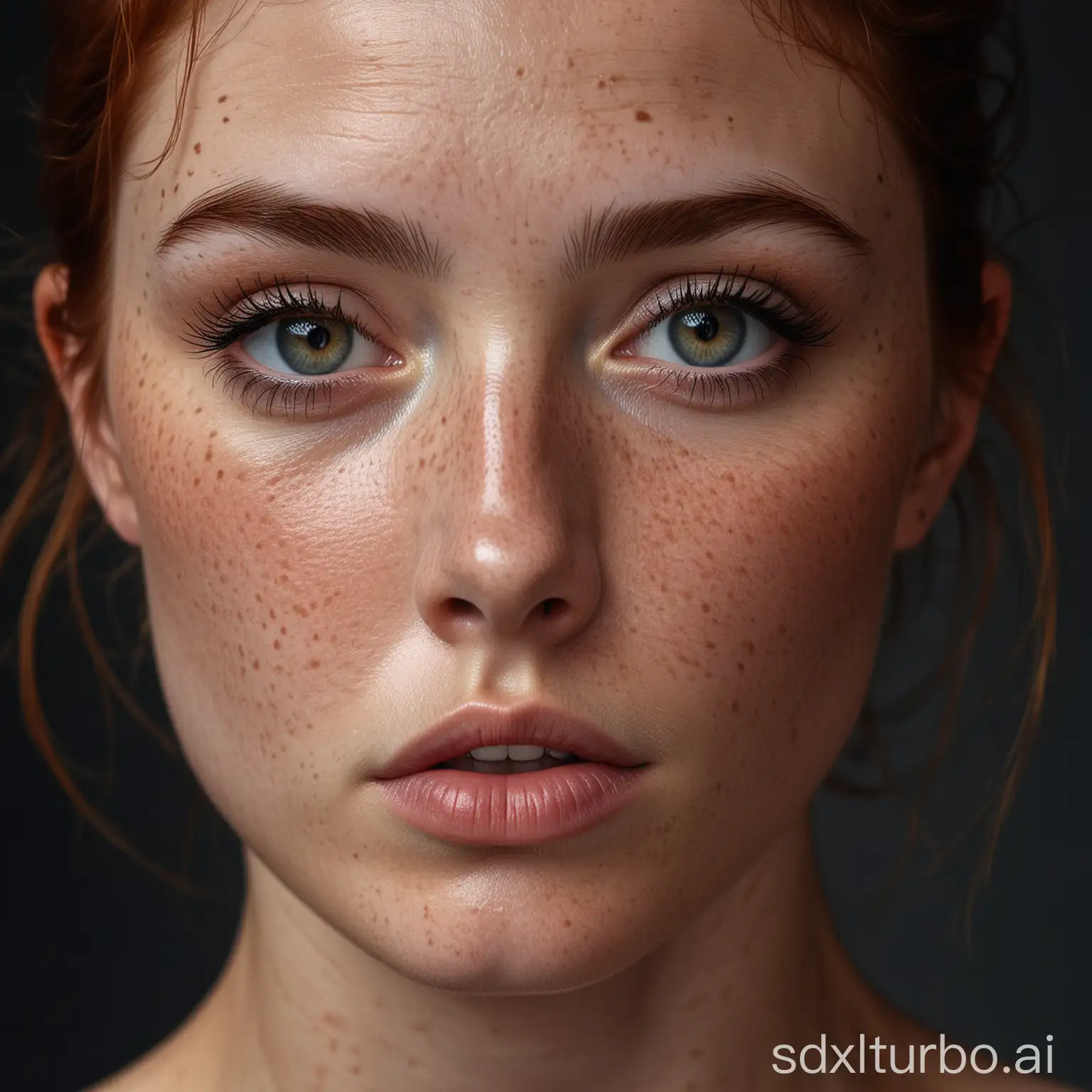 beautiful lady, freckles, dark makeup, hyperdetailed photography, soft light, head and breast portrait, cover,, best quality, (detailed beautiful face, detail skin texture, ultra-detailed body:1.1)