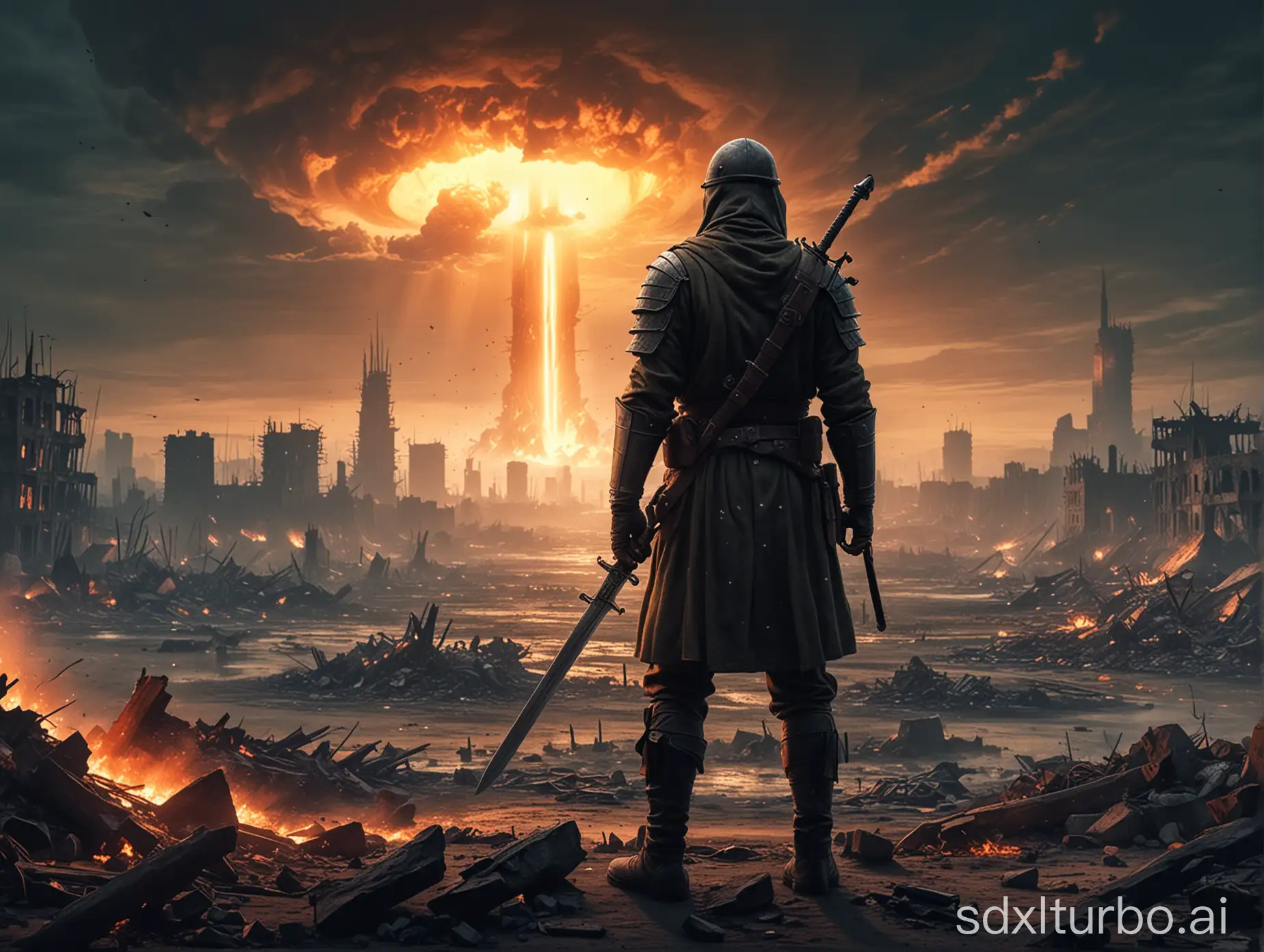 one lonely soldier with sword overlooking a destroyed nuclear blast city, art style, evening time, medieval set