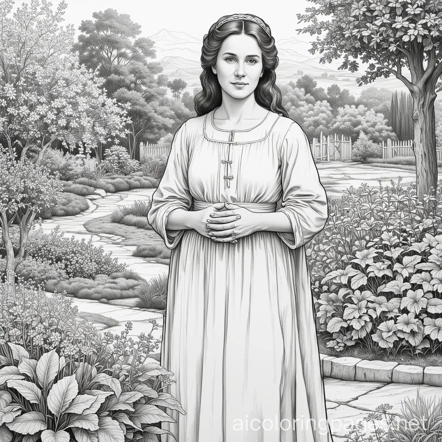 Priscilla-and-Aquila-Bible-Coloring-Page-in-Garden-Setting
