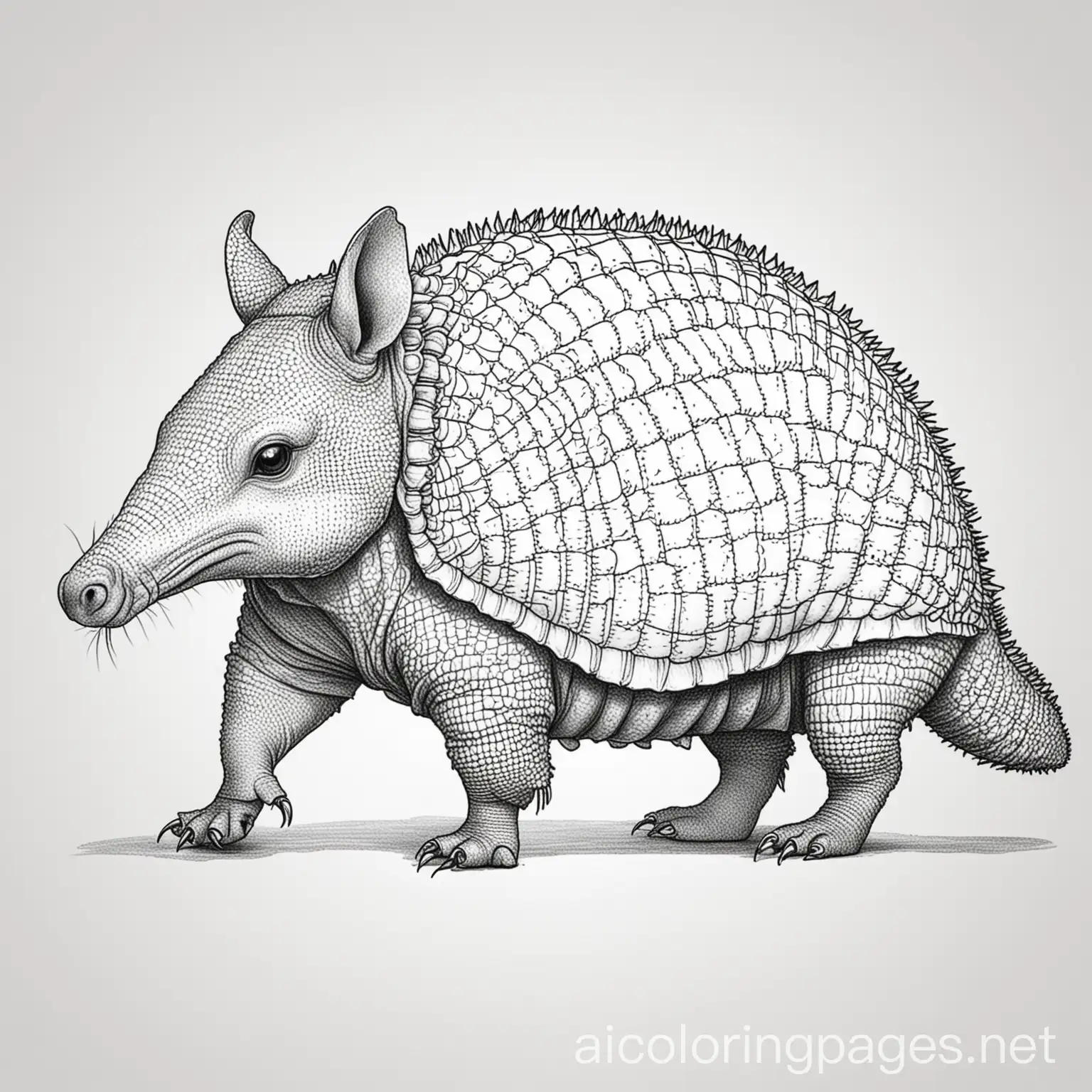 An armadillo, Coloring Page, black and white, line art, white background, Simplicity, Ample White Space. The background of the coloring page is plain white to make it easy for young children to color within the lines. The outlines of all the subjects are easy to distinguish, making it simple for kids to color without too much difficulty