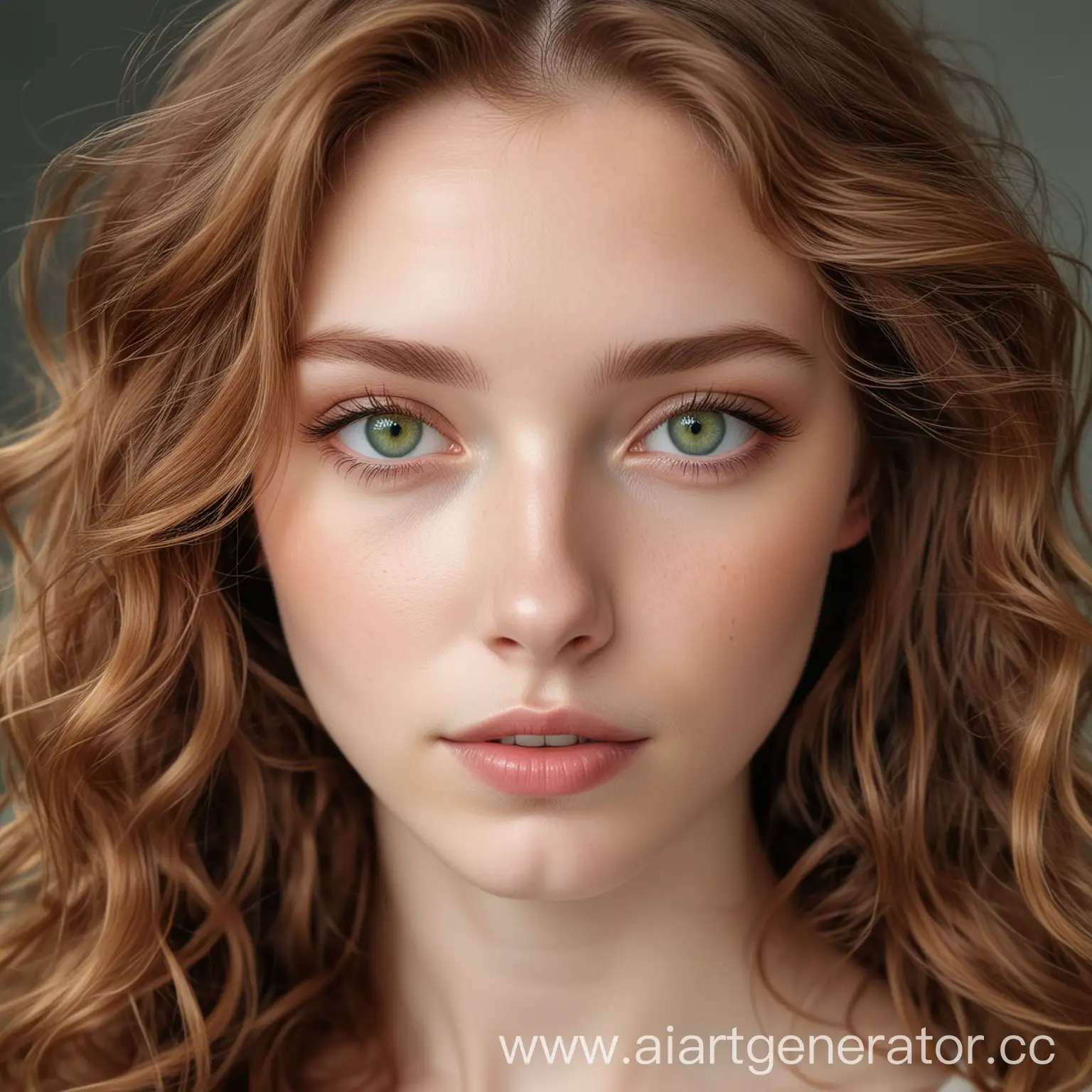 Девушка с каштановыми волнистыми волосами, бледной кожей и зелёными глазами, смотрит прямо