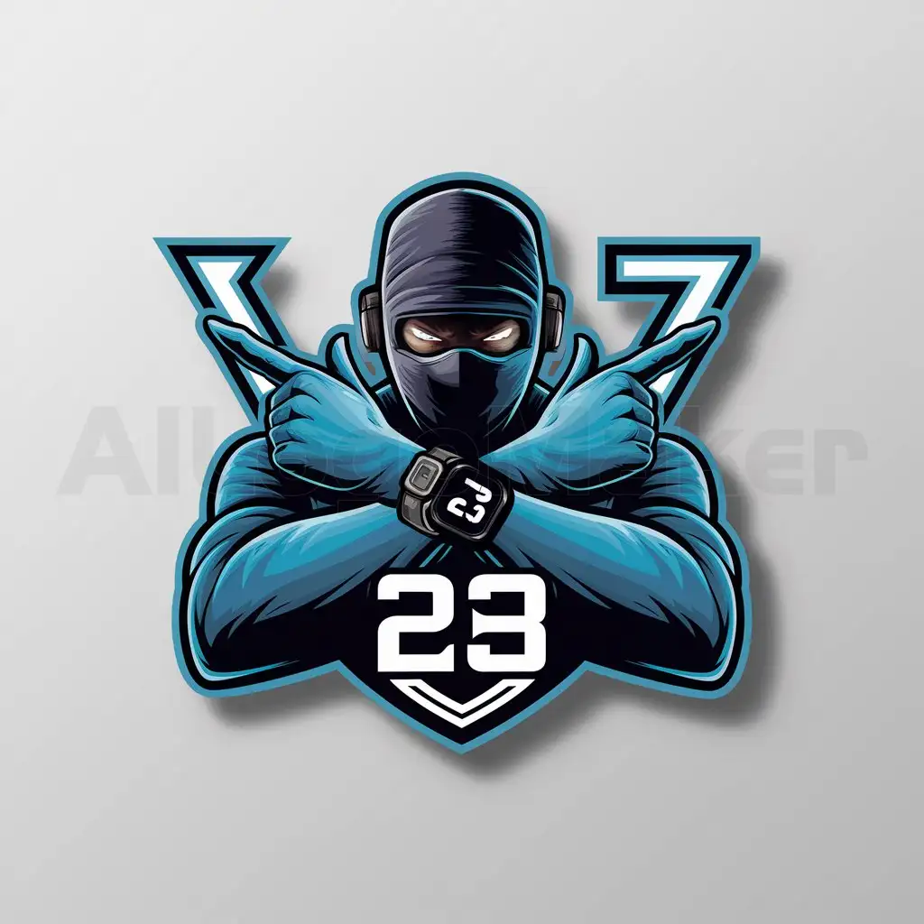 a logo design,with the text "23", main symbol:A masked man with his arms in an x shape and a smart watch in 1 hand and have number 7,Moderate,be used in Gamer industry,clear background