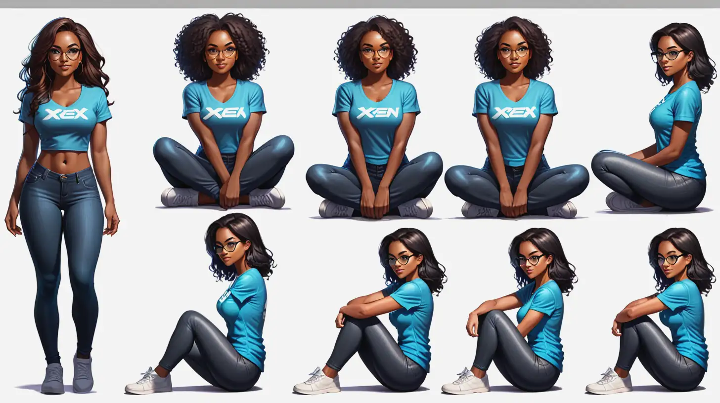 Create a sprite sheet featuring sitting poses of a beautiful black woman inspired by but distinctly different from Rogue from X-men. This character should have black hair, brown eyes, and should be wearing a gray fitted t-shirt, denim leggings, sneakers, and glasses. The background should be transparent to focus on the character’s design.