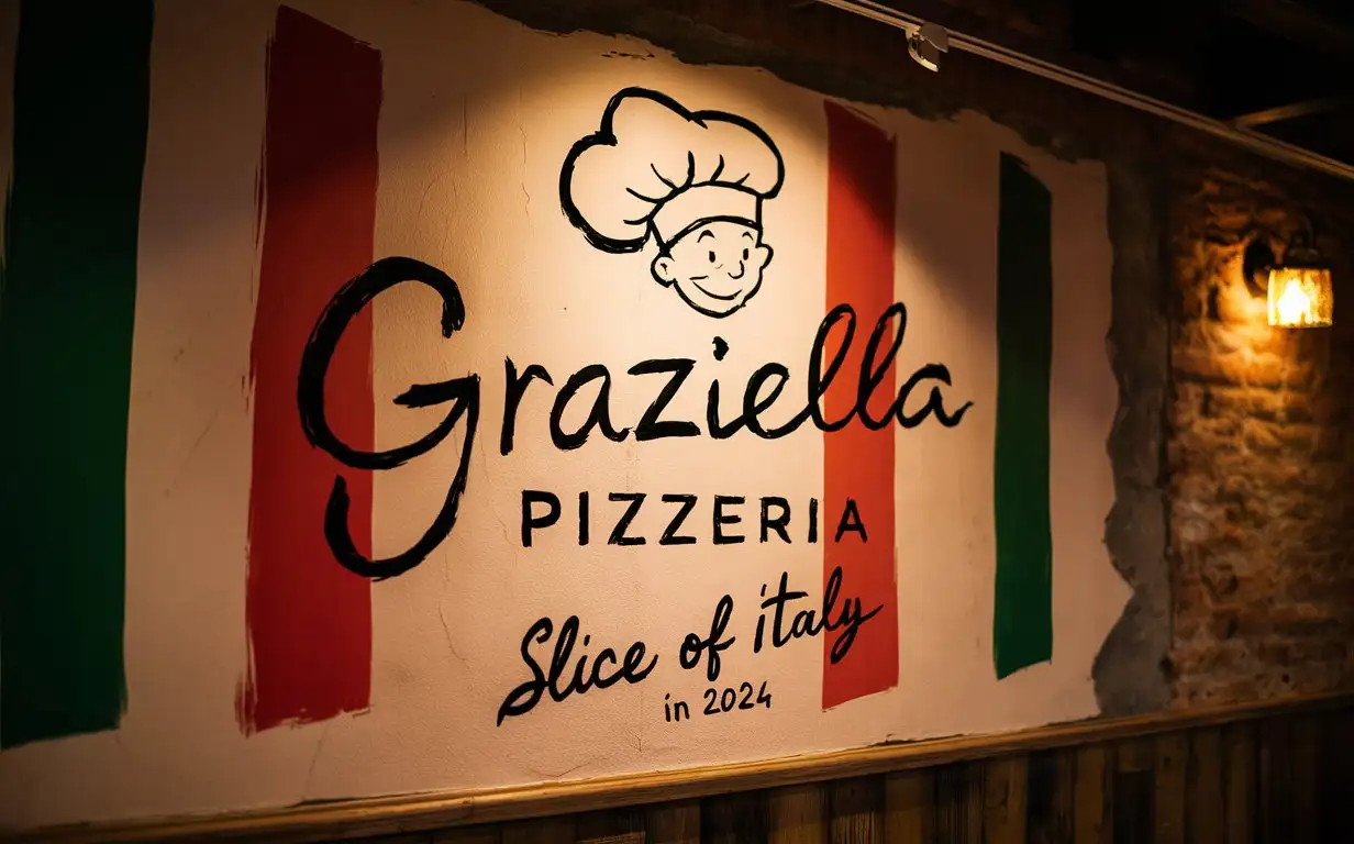 Handwriting Graziella Pizzeria logo, Italian colors, Sketched Chef's Hat, Slogan, Slice of Italy, Cozy Restaurant Atmosphere, Warm light ,EST 2024