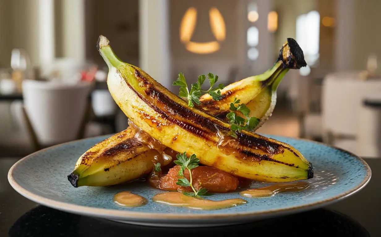 A plate of grilled banana ,BBQ,mouthwatering and enticing presentation, Very real colors and comfortable light.Looks like it's in a fancy restaurant