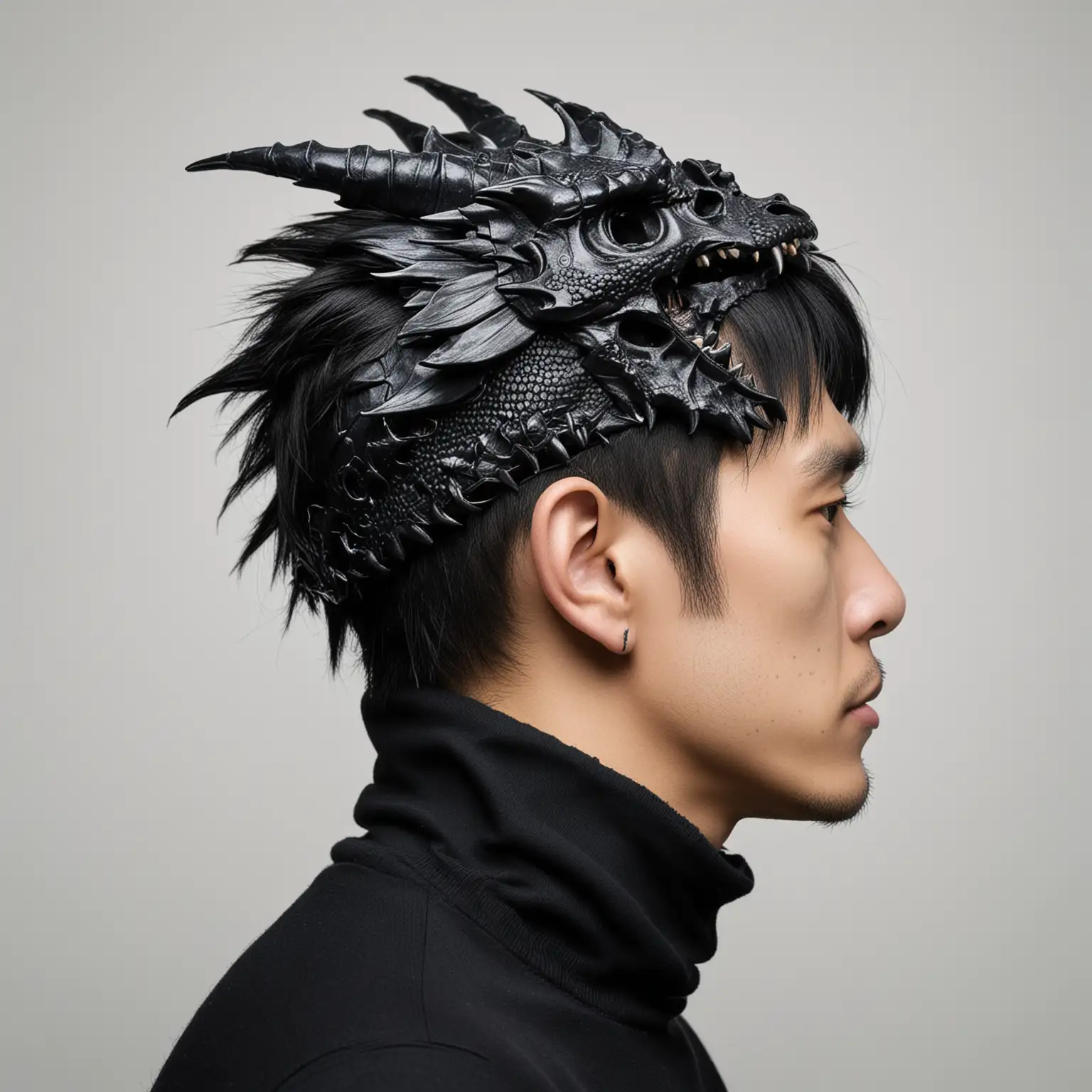 Japanese Man Portrait with Black Metal Dragon Skull Crown